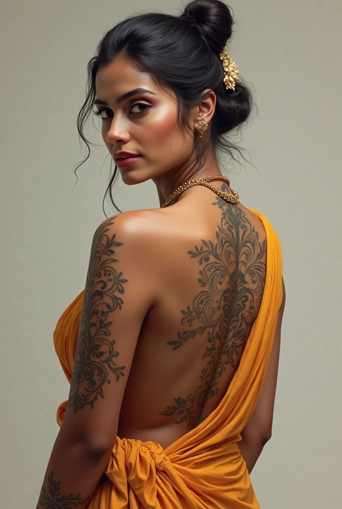 Looks like Anushka Shetty, her neck tattoo is alive, it rises from 2D skin surface to 3D life, flowing from her skin into her dark shadow world, it rises from the haunted woman, the beautiful intricacy of the tattooed line lives and breathes, it becomes something else, the line transforms her and us, the viewer