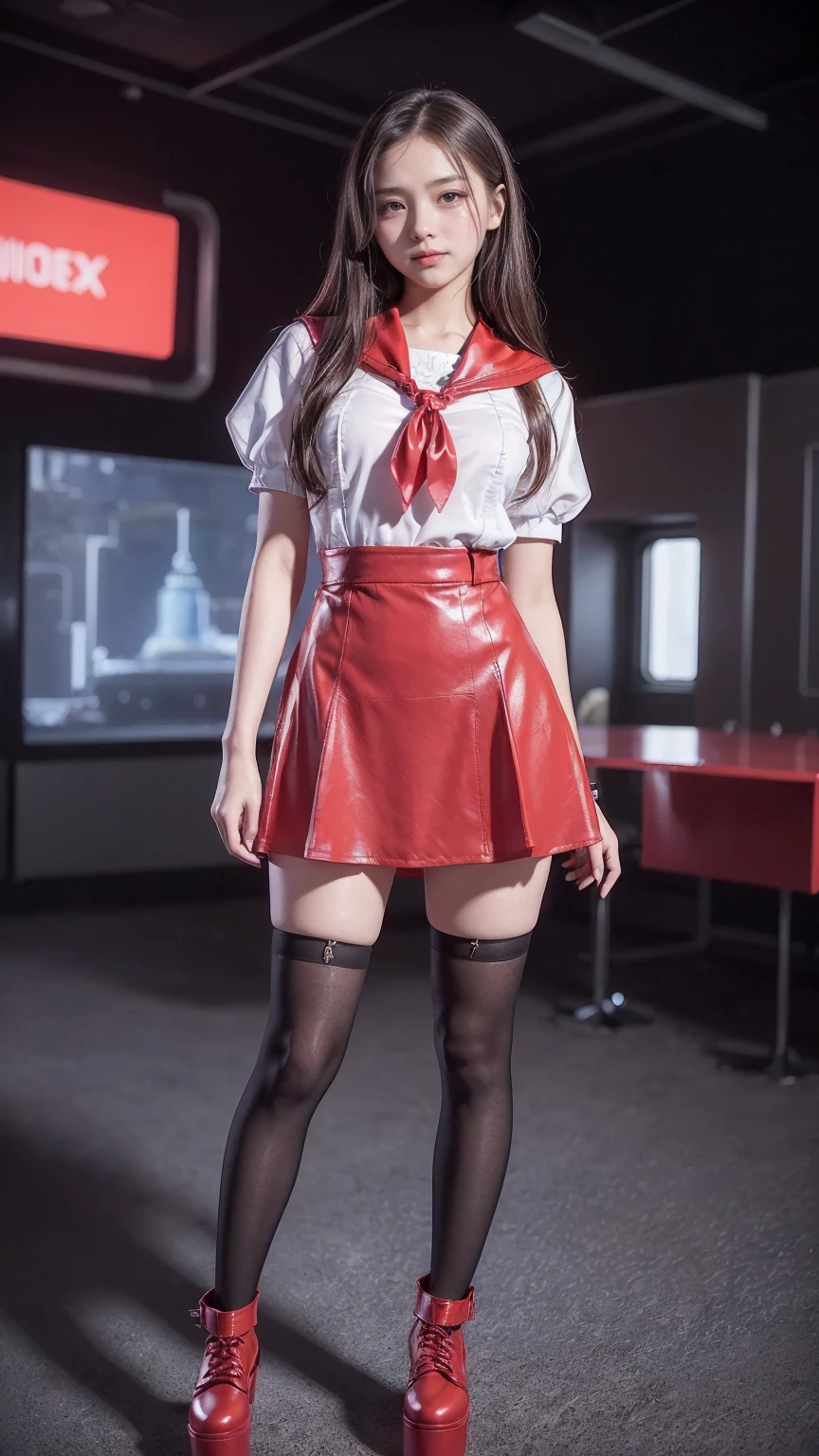 Raw photo、masutepiece、32K、8K、Japan cute girl sitting on leather sofa wearing Japan schoolgirl uniform and black high heels、Japan idol woman, M-shaped legs、Red lace panties、