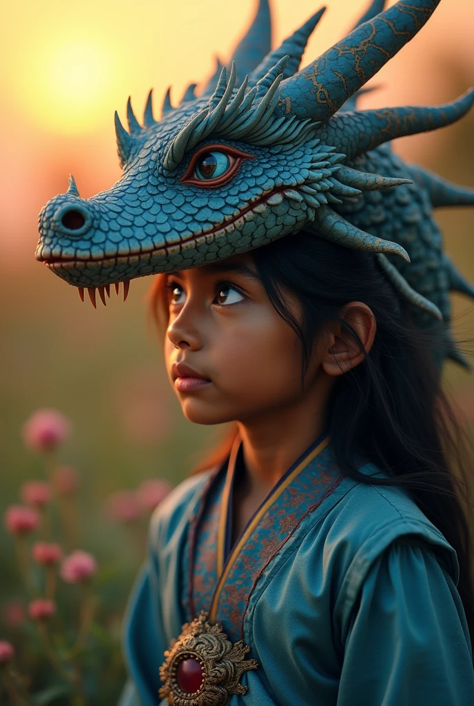 Hyperdetailed, dreamlike, grunge, fantasy, dynamic poster, inspired by [Brian M Viveros, Esao Andrews, Luis Royo], close-up portrait of a striking child ((hugging a cute dragon)) highly textured, dreamy atmosphere, transparency, slight smile, elaborately decorated, dynamic pose, intricate designs, complex background bathed, sunset hues