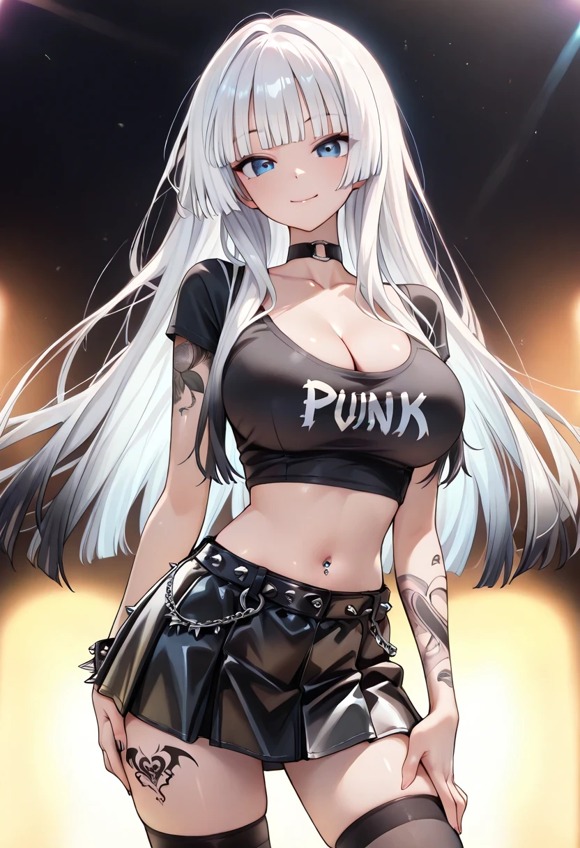 slender body,  Slim waist, Her long limbs are like a model , kind smile, [succubus], hand on own ass, (black black white hair gradient hair), top quality、 ( professional lighting without shadows )、 Surreal, is fascinating、figure like a slender supermodel、 1 girl, (big breasts, Belly button exposed), ( flat at honny, beautiful skin)), (明るい and beautiful blue eyes ,(( hime cut, long hair ))), ( black mini tight skirt , black u neck t-shirt, cleavage visible ,(( punk style fashion))) , Knee High Socks, ((tattoo))