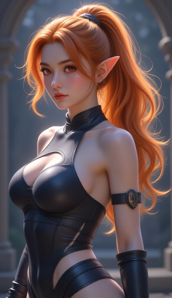girl, wide hips, sexy, beautiful, redhead, gorgeous, voluptuous, (thigh high socks), beautiful face, curvy, (((arms up))), (((hands on her head))), (disheveled) hairs, (lot of hair), (demon horns), demon girl, [bodysuit | black red dress:0.9], net, fishnet, straps, jewelry, ornements, perfect skin, cyberpunk, stunning,  elegant, particules, best piece, masterpiece, smooth light, detailed, intricate, 50mm, realistic, digital art, photography, digital art, 4k, art, wlop, artgerm, sophie anderson,