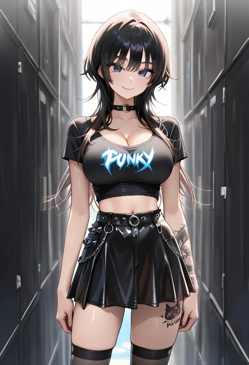 masterpiece, Best Quality, great quality, very beautiful, high definition, latest, Super Detail, realism, (intermediate shot), 1 girl, kind smile, slender body, Slim waist, Her long limbs are like a model , 1 girl, (big breasts, Belly button exposed), ( flat at honny, beautiful skin)), (明るい and beautiful blue eyes ,,(( Wolf cut, long hair ))), ( black mini tight skirt , black u neck t-shirt, cleavage visible ,(( punk style fashion))) , Knee High Socks, ((tattoo))