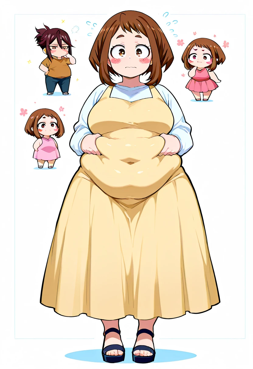 Create an image of Bae noona after a stuffing full of food.  big sister babe- Dressed in a hanbok, oppai proportions, ecchi anime style, she has a jiggly fat round belly, the belly should be stuffed full of food, fullbody commission for, bbwchan, thicc, real life big mom, anime character reference sheet, ecchi style, exaggerated body features, use the image to create a picture of bae stuffed with food