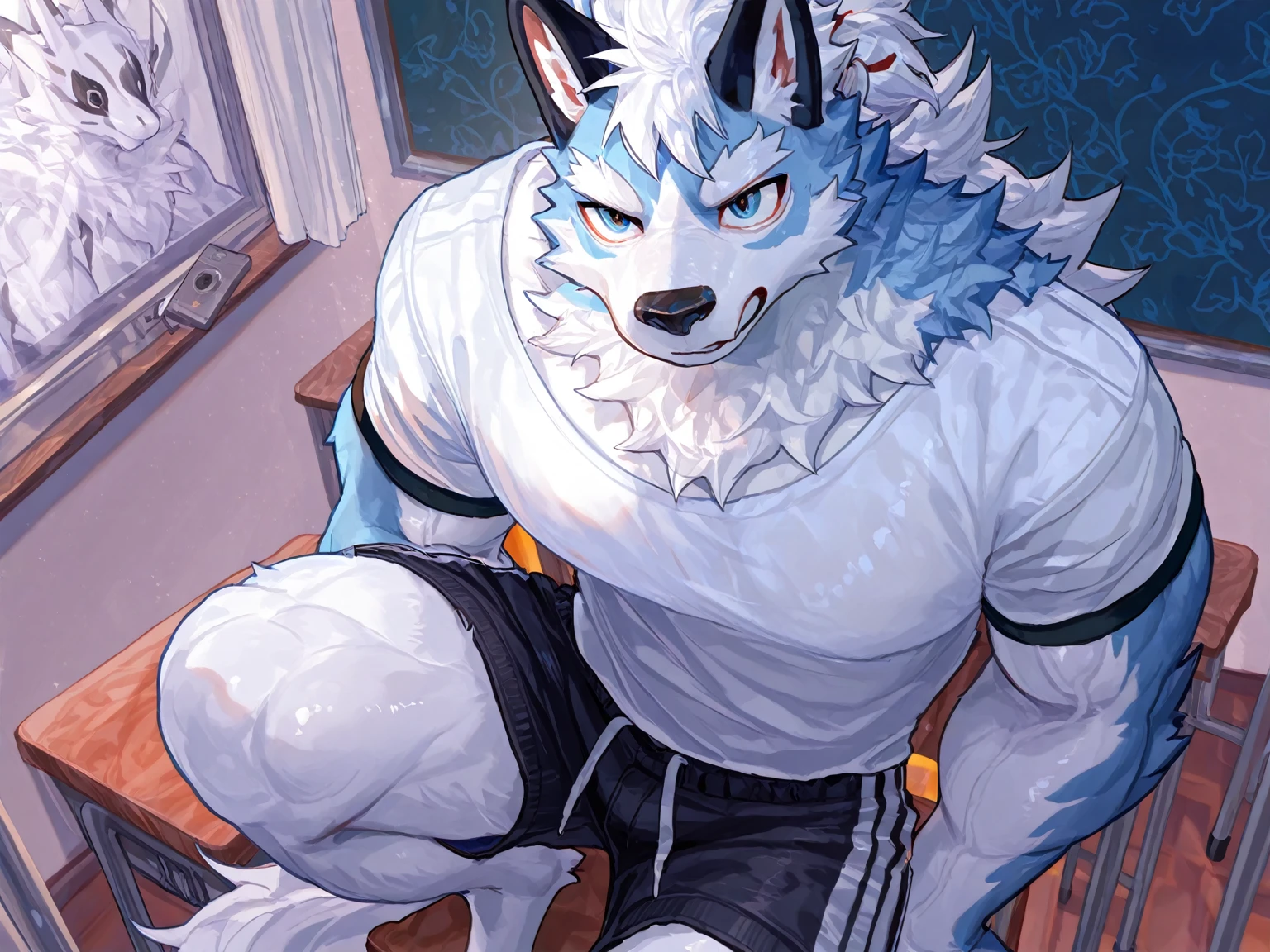((solo)), (anthro) wolf, shirou_ogami:1.8 (bna), adult, mature, masculine, slim:1.2, skinny:1.2, tall:1, (correct anatomy:1.2), vascular veins, (cartoon fur, detailed fur texture:1.3), topless, wearing big black collar (shirtless, compression shorts), ultradetailed, (by wfa:1.2), (by takemoto_arashi, by vorusuarts, by Traver009:1, by grimfaust:1), natural lighting (house:1.4 background), (sweat:1.4, wet:1.6), (lots of sweat flowing down) exhausted, wolf head ((open eyes, detailed):1.2), open mouth (steaming breath:1.2, drooling, dripping saliva, thick drool) tongue sticking out, (serious:1.4) expression), grumpy, sad, sitting on the floor,full body, feet, collapsed, defeat macro growth size reaching the ceiling red blush on the cheek embarrassed face