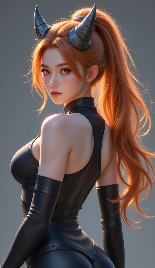 from behind,(Cinematic scene,Fantasy Art,Highest image quality,portrait of ultra realistic,(8K),Ultra-realistic,Best Quality,High quality,High Definition,high quality texture,high detailing,Beautiful detailed,fine detailed,extremely details CG,Detailed texture,realistic representation of face,masutepiece,presence,Dynamic,Bold),1gir,Ultra detailed skin,Curve,Petite,Beautiful breasts,Large breasts,pale skin,pointed breast,Erect nipples,(super thin hair),(ultra soft hair),(ultra straight hair),Swept long bangs,very light coppery amber hair,Hair over one eye,gymnastic suit