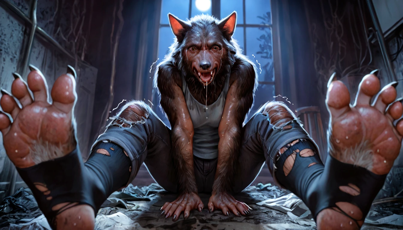 Pov:1.3, sitting, view from view perspective, 1st view, 1person, female, Werewolf transformation, morfing, [werewolf: human:0.7], [arms: paws:0.7], [red human skin: fur: 0.5], [human face: snout:0.5], wolf nose, detailed fur, gradual fur, Skin, spread, shaking:1.1, crying, sweating, drooling:1.2, in pain:0.8, scared:0.8, shaking, confused:0.8, torn clothes:1.1, thick fingers through, torn socks, deep night, ((darkness, dramatic moonlight, night)), abandoned jail, scraps around, clothes scraps,((Ultra-detailed, Realistic, Photorealistic, photo-realistic:1.37), 4k, 8k, RAW, HDR, UHD, Canon EOS P3, Canon EOS R3, 85mm f/1.4, 15mm, 35mm, 80mm, f2.8, high resolution, hd, full colour, 4k, high definition, sharp focus, smooth, Professional, cinematic, extreme detail, (high detail:1.4) description, masterpiece, deep shades, best quality,))