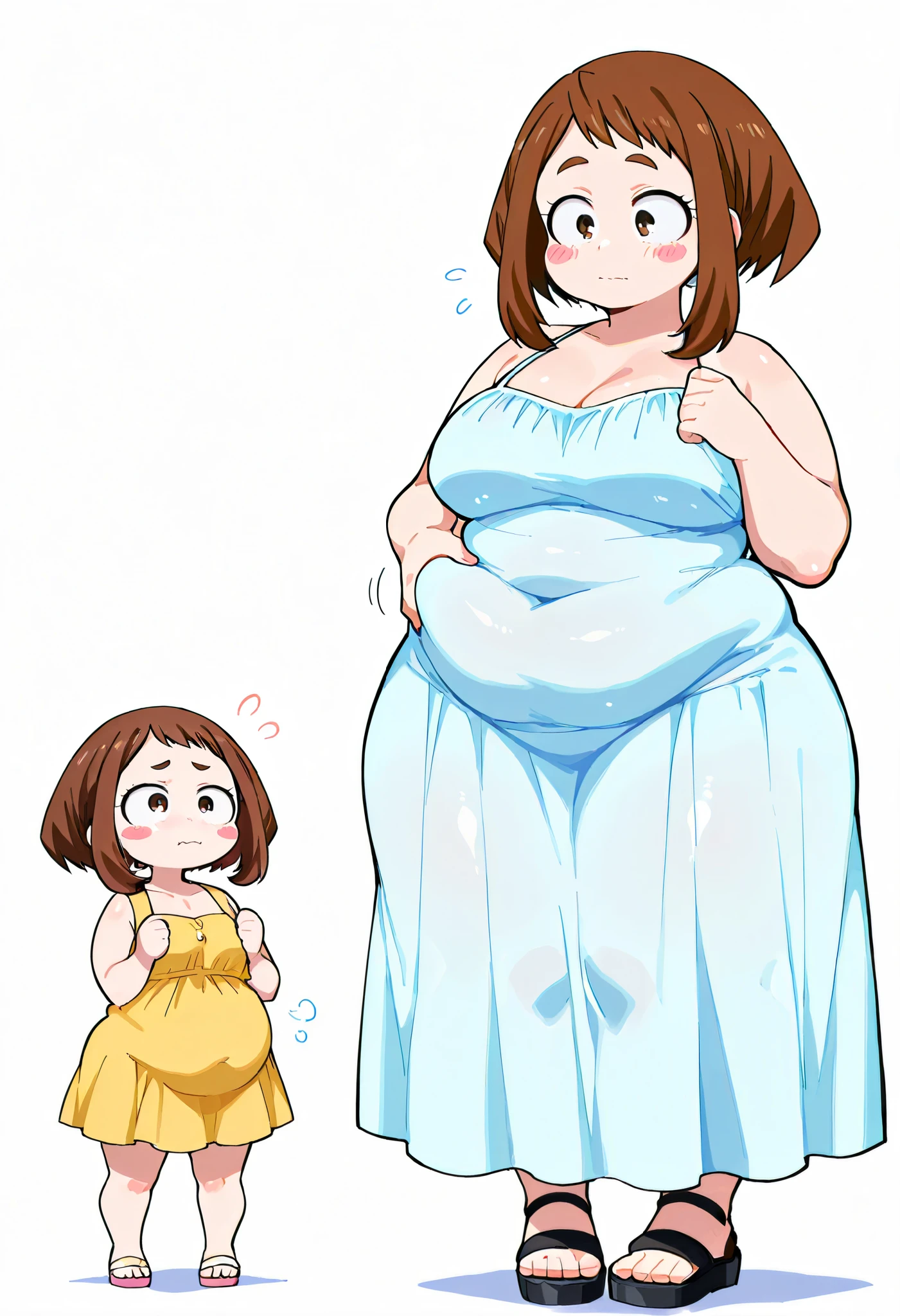 a comic page about a fully pajama wearing 24 year old extremely fat woman reacting to her first time seeing her clearly older 40 year old busty mother as her second head on her immobile two headed body. She’s clearly uncomfortable.