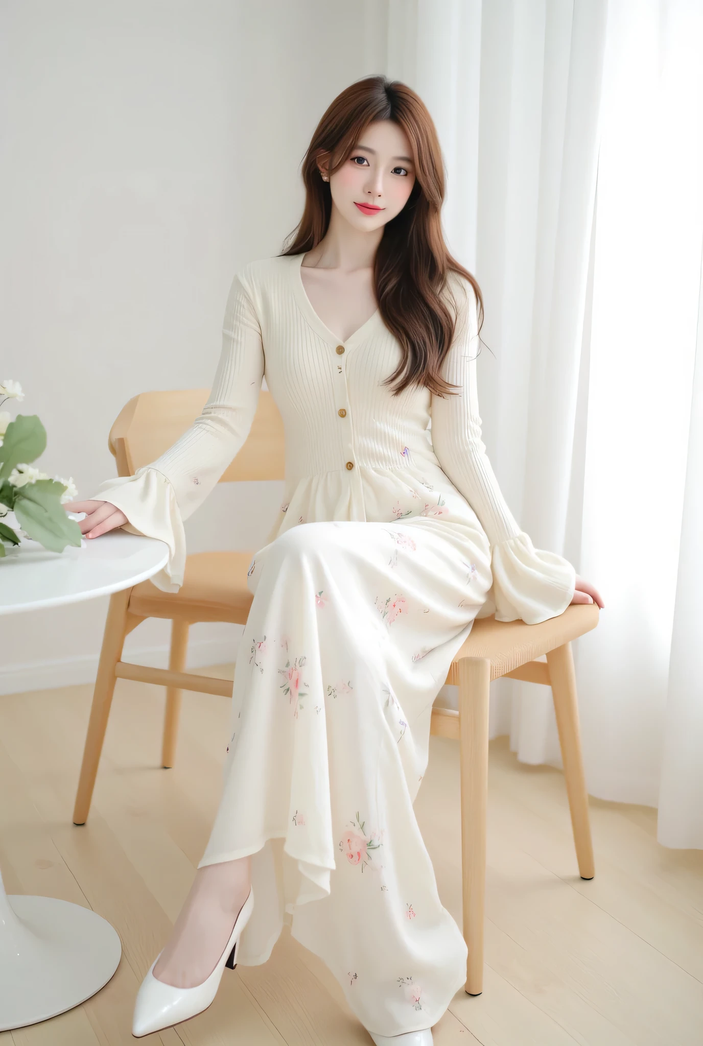 A full-body, photorealistic portrait of a beautiful woman sitting gracefully on a wooden chair in a bright, sunlit café with a clean, white interior. The space is minimalistic, airy, and filled with natural light. She is wearing a soft cream-colored ribbed knit cardigan with flared sleeves and small front buttons. The neckline is modest, not revealing any cleavage, and her figure is slim with a small bust. Her dress is a long, white floral one-piece with delicate, tiny pastel flower prints, flowing softly down to her ankles. She wears white low-heeled pumps and holds a small round-edged white handbag on her lap or beside her chair. Her long brown hair is loosely curled with natural waves, and her makeup features a rosy, happy glow — pink blush is prominent, lips are glossy pink, and her brows are soft and natural. She smiles gently with a relaxed expression. The lighting is soft and dreamy, adding a romantic and clean mood to the overall scene.
Realistic, ultra-high definition, 4K, photorealistic, white café interior, natural sunlight, clean and soft atmosphere, full-body seated pose, Korean-style café design, minimal wood and white furniture, elegant girly outfit, modest fashion, small bust, feminine and romantic energy, lifestyle magazine aesthetic
