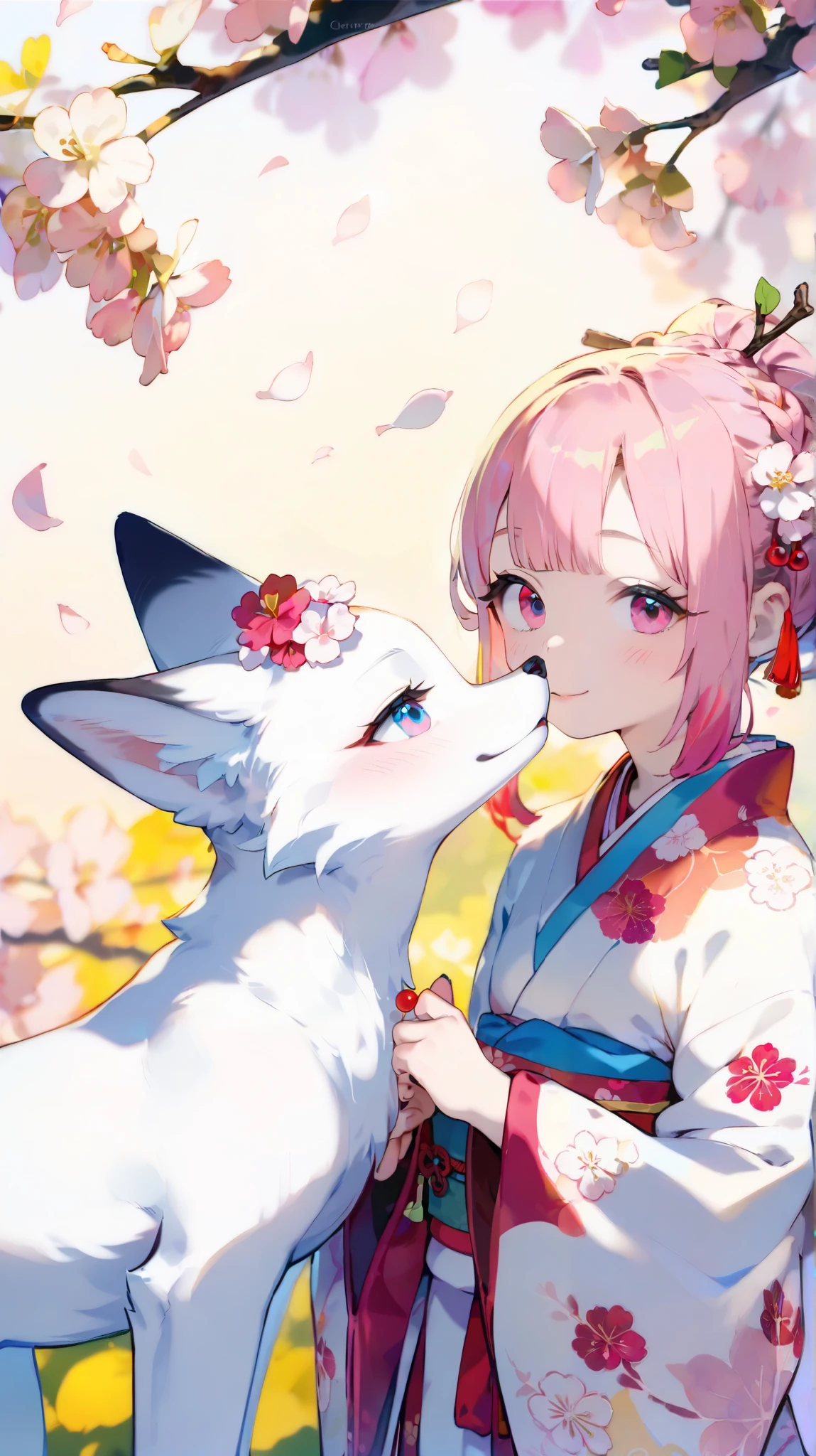(((Two-shot photo of the white fox and the cherry blossom goddess:1.5))), A fantastical cherry blossom landscape,An overall light pink world, very cute girl goddess, Cherry-colored eyes, Cherry-colored hair, Pure White Kimono :1.5, French braid, no expression, I'm petting a white fox