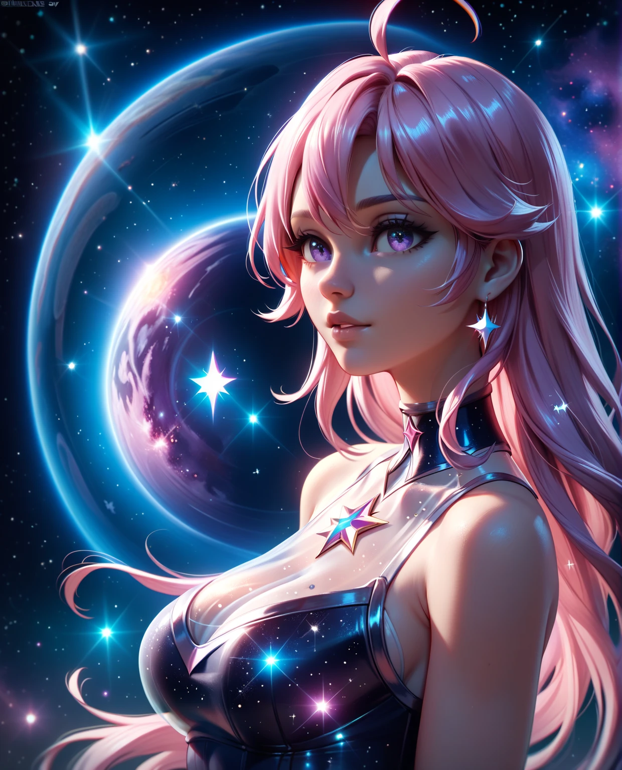 High detail, Super detailed, Ultra-high resolution, Girl enjoying time in fantasy galaxy,underwear、((Big Breasts)) , The background is a starry sky，There are colorful galaxies and galactic clouds, The stars were flying all around her, Delicate face, Add a fun atmosphere , 