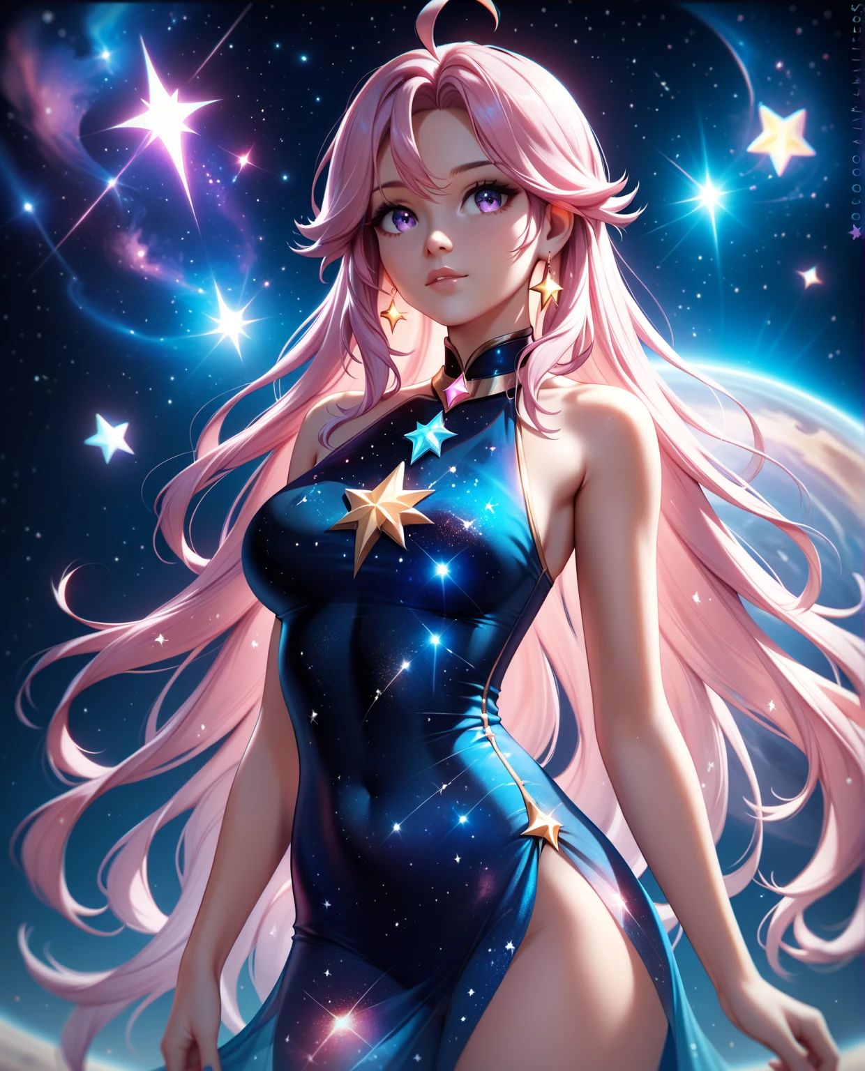 In the cosmic depths of an oil painting, a brilliantly chaotic celestial event unfolds: swirling galaxies of vibrant blues and pinks collide with shimmering stars and streaks of neon light. This stunning image is a painting that captures the essence of a whimsically surreal cosmic dance. Every detail is meticulously rendered with breathtaking precision, showcasing the artist's mastery of light and color. Viewers are transported to a kaleidoscopic realm where reality blurs with fantasy, inviting them to lose themselves in the enchanting beauty of the unknown.