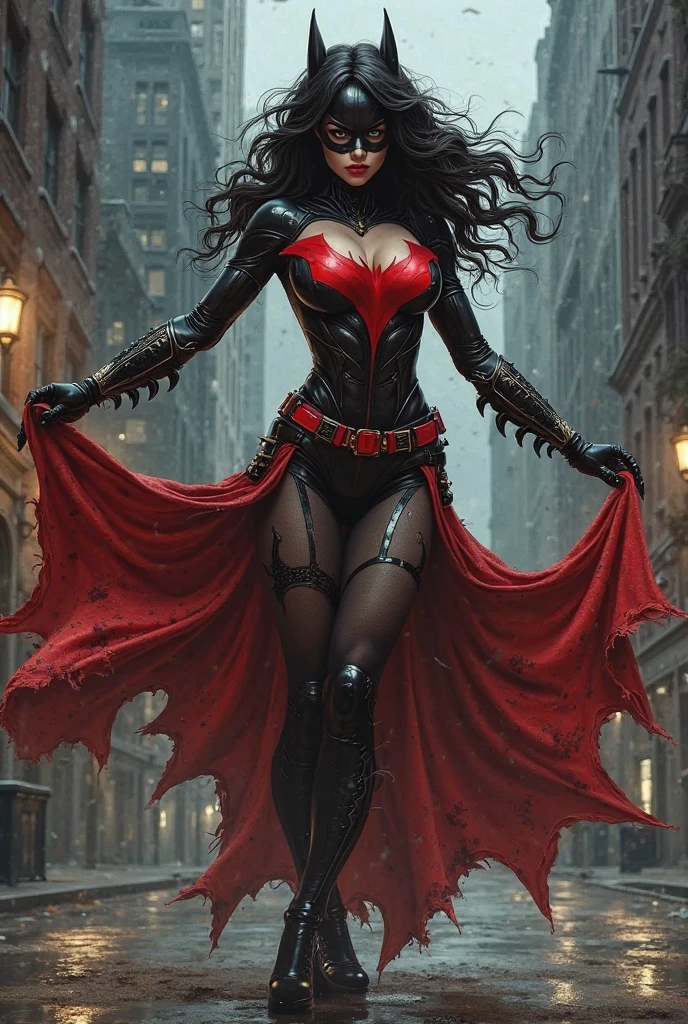 HYPER REALISTIC. A GOTHIC FEMALE WITH LONG BLACK HAIR, RED VAMPIRE EYES, LONG VAMPIRE FANGS SHOWING, WEARING A BLACK MAGE COSTUME AND CAPE, GOTHIC BOOTS, AND A BLEEDING "Superman" EMBLEM ON HER CHEST. STRUGGLING TO KEEP FROM RAGING OUT AND BECOMING MASSIVELY MUSCULAR AS A GIANT SWIRLING 3D RIFT OPENS BENEATH HER FEET. BLACK ACRANE BACKGROUND