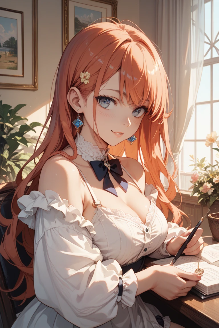 (tmasterpiece:1.4), (Best quality at best:1.4), fanciful, The is very detailed, iintricate, ultra - detailed, illustratio,gentlesoftlighting, 1个Giant Breast Girl, orange color hair_florals, a skirt, curving_exceed , grinning smile, (perfect pubic_the face), sitted, desks, a gorgeous, iintricate, dramatic lights, 4K, Detailed pubic hair_Background with, Caustics, full_body, digital_illustratio, Translucent fluid flowing from the_side