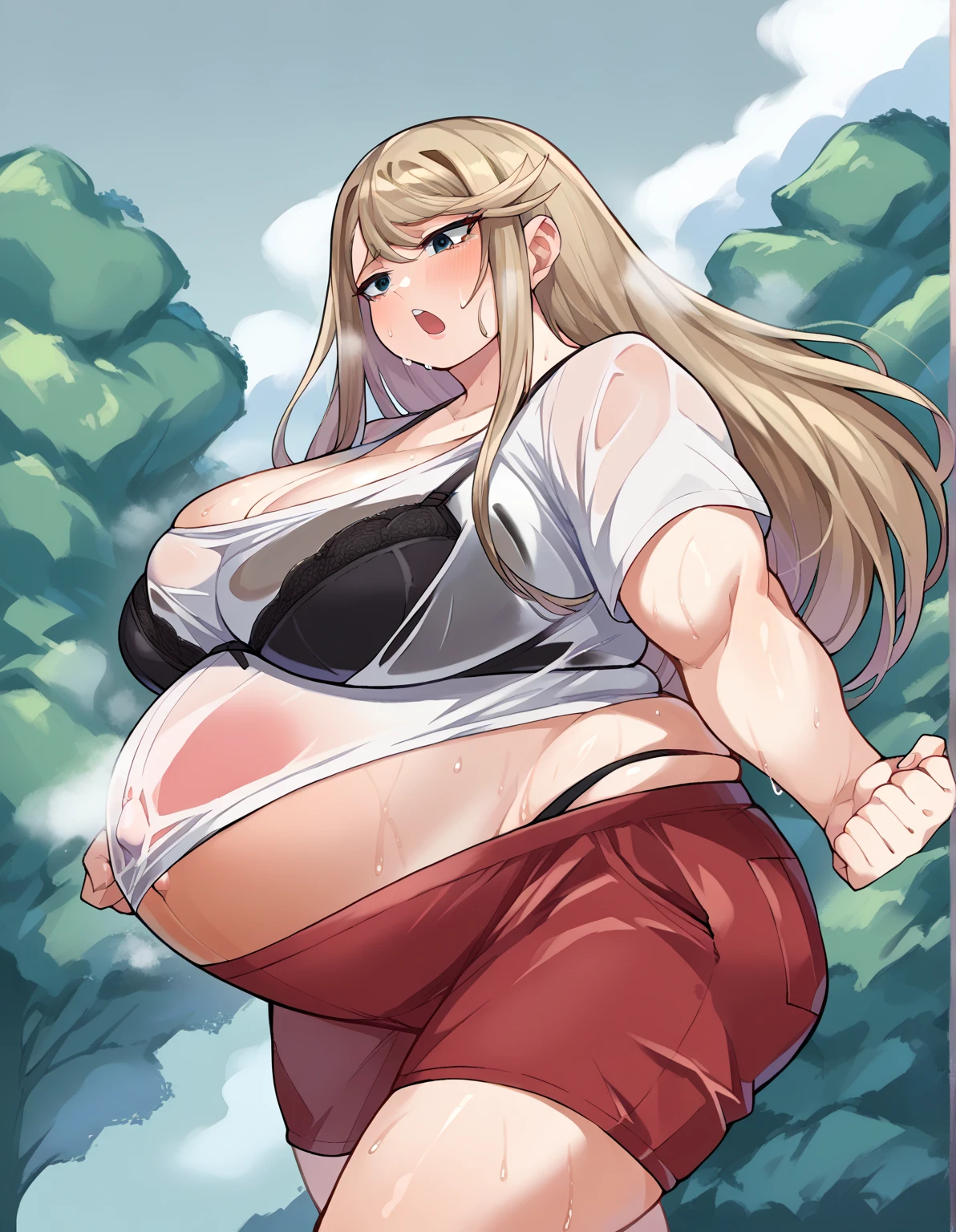 (masterpiece, best quality, highly detailed), 1girls, big belly, blurry background, huge belly, art by kipteitei, round belly, chubby, curvy, simple_background, gradient_background, belly bursting out of shirt, belly grab, enormous belly, fat belly, thicc, bigger belly, really big belly, jiggly belly, shirt covering belly, belly cover by shirt, glasses, ((maternity clothes)), see through blouse, thight shorts, barefoot, mommy, ((full body)), long hair, Flandre scarlet