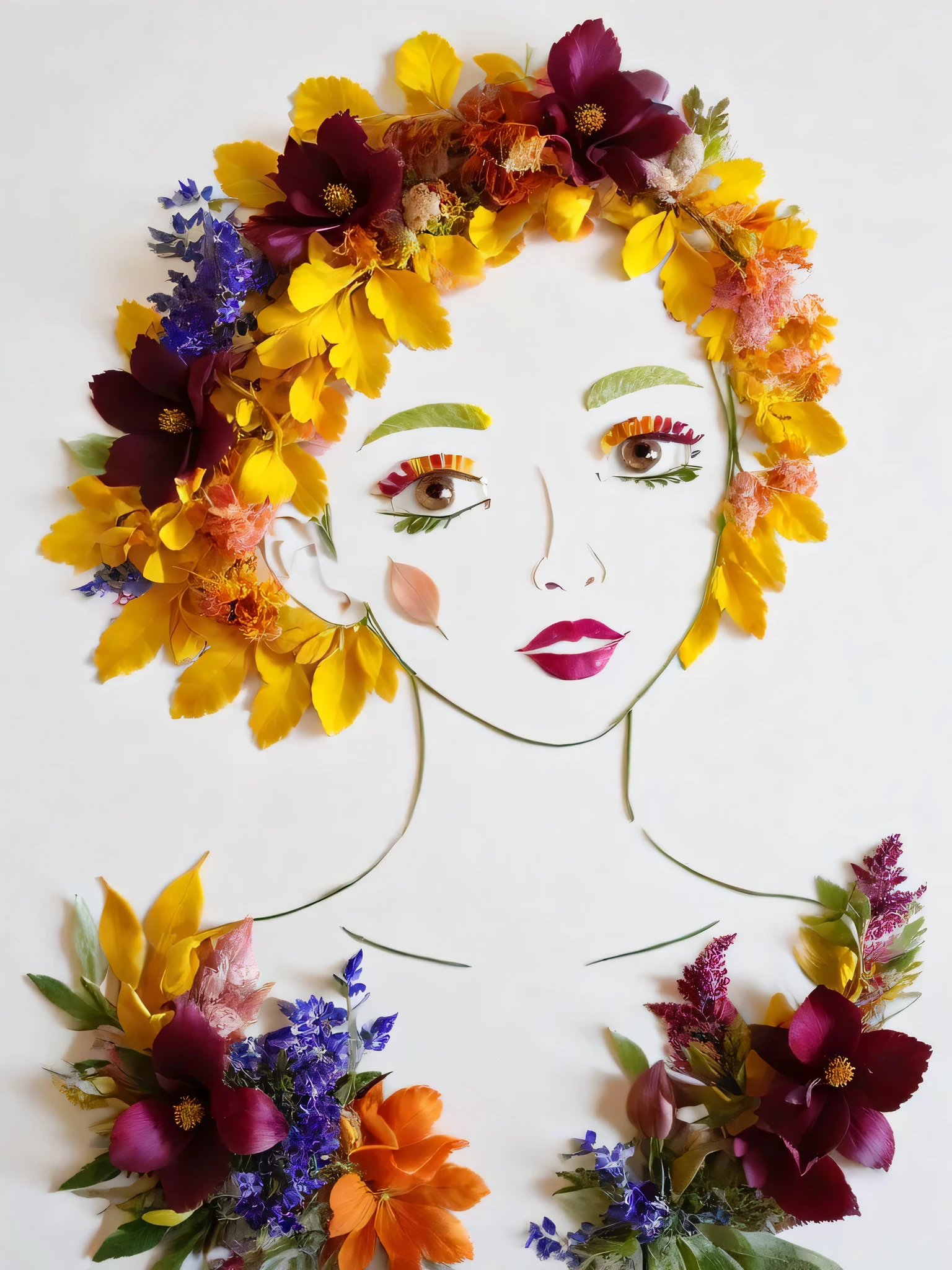 Autumn leaf crafts, girl made of flowers, portrait,
