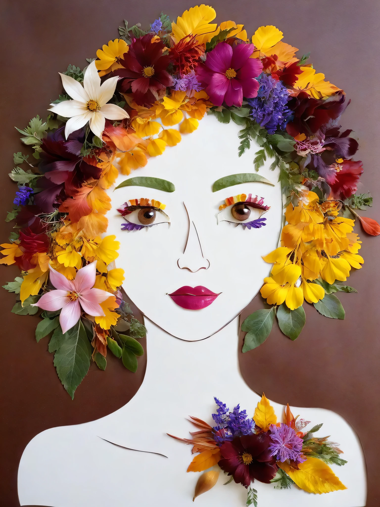 Autumn leaf crafts, girl made of flowers, portrait,