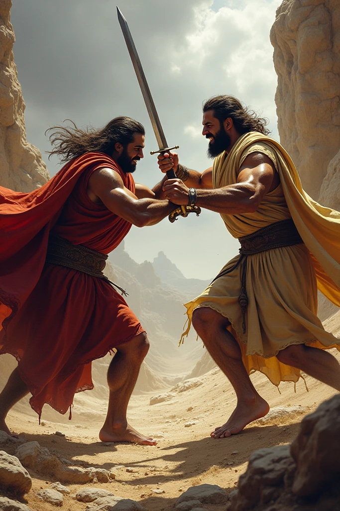(best quality: 1.4), (Ultra Highres: 1.2), (photorealistic: 1.4), (8k, RAW photo: 1.2). The description of the Samaritan man's physical appearance is not detailed in the biblical narrative, but her Samaritan origin suggests she likely had similar characteristics to other people in the region. Without historical-cultural context, the story of the man with a rustic Samaritan appearance, he appears to be a rustic man, he is in a battle of swords