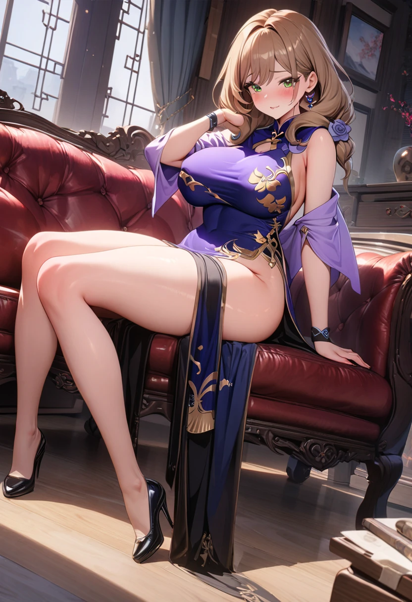 a haughty woman sits on an upholstered armchair, her posture exuding an air of unquestionable superiority. she stretches out one leg, leaving her bare foot exposed for all to see. a look of contempt, like that of a disdainful queen with icy indifference. her eyes convey a clear message: she knows she reigns at the top of the social hierarchy and demands recognition of her greatness. in the foreground, the foot with its 5 toes is offered with admiration mixed with desire and devotion. Foot fetishism takes on an almost sacred dimension in her presence. Her foot, displayed as an object of supreme desire, becomes a symbol of power and domination. In this haughty posture, she embodies the very essence of power and domination, reigning as uncontested mistress over her realm of desires and fantasies, offering her foot as an object of veneration and submission. And thanks to the low-angle effect, the view of the haughty woman's feet further accentuates her imposing domination and disdainful attitude, intensifying the contrast between her perceived grandeur and those who gaze at her with respect and fascination.