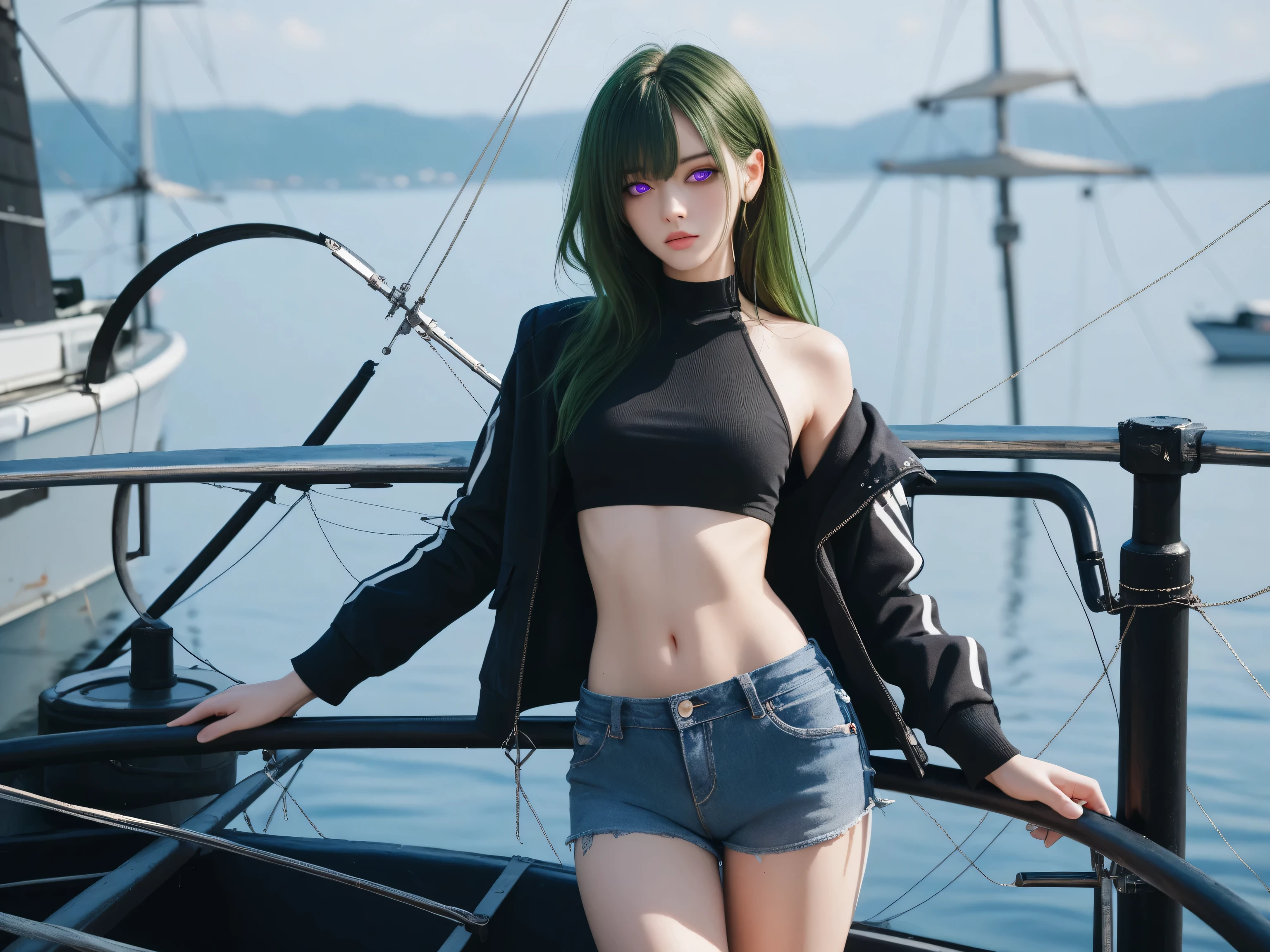 high image quality、high quality DVD、Boat、high school student、 green hair、Purple Eyes、 beautiful eyes、 small 、jeans shorts、belly button stick、jacket、Drone photography