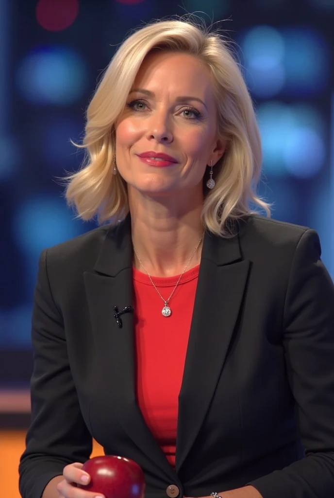 photorealistic, cinematic, raw photo, low angle shot, woman, mature, blond hair, hourglass body shape, big breast, big buttocks ,pixie hairstyle, wearing navy blue checked suit, burgundy silk shirt, pearl necklace, tells the news on television, in the studio of a TV channel, confident