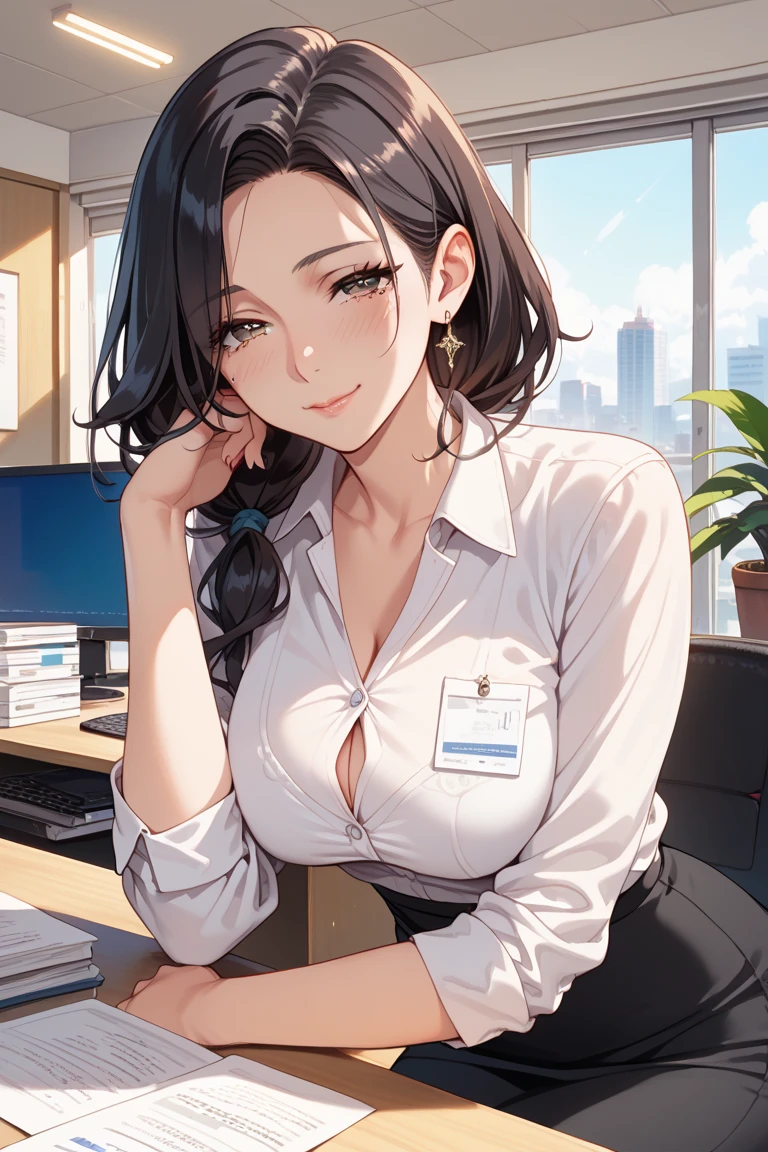Highest quality, Soft Light, Ultra-high resolution,People Girls, alone, sexy, (A teasing smile), (Brown eyes), Beautiful face in every detail,(High resolution detail of human skin texture), (Black curly medium length hair),(Bangs cut to the same length), break,Office Suits,Office Skirt,Black Stockings,(Fellatio gestures:1.2), (Open your mouth:1.2),tongue,Sigh,Look into the viewer,Take your panties off yourself