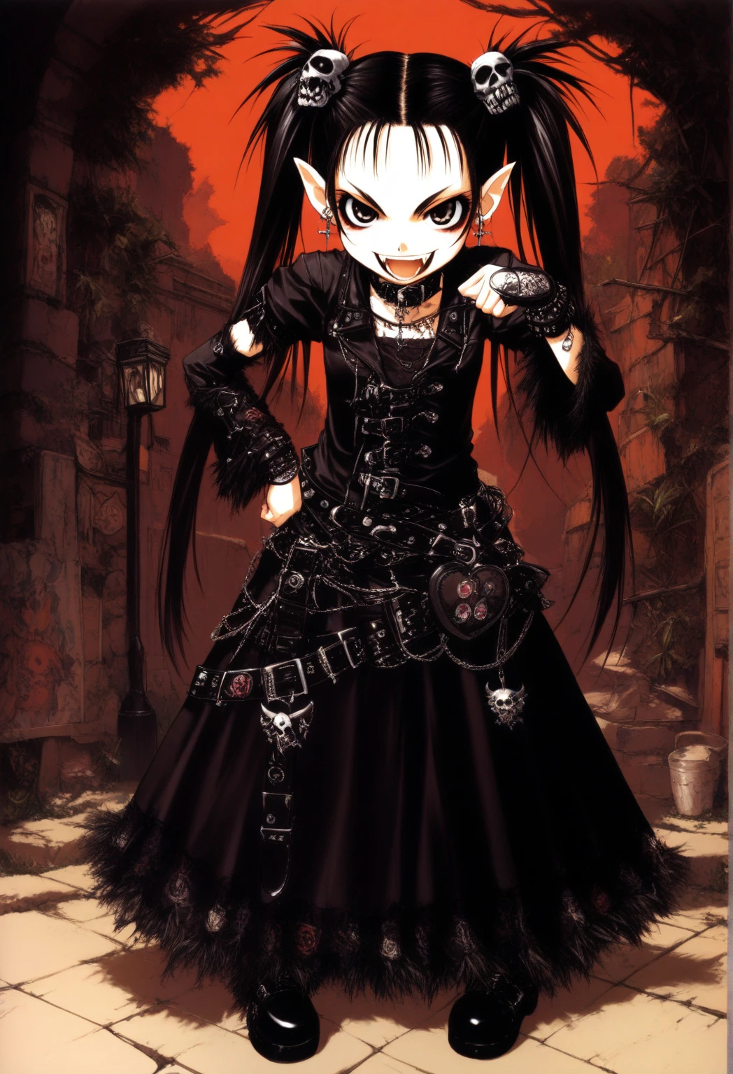 masterpiece, year 2005, , best quality, very aesthetic, absurdres, safe, 1girl, solo, looking at viewer, standing, goth, punk, twintails, smile, fangs, open mouth, flat chest, pointed ears, adorable,