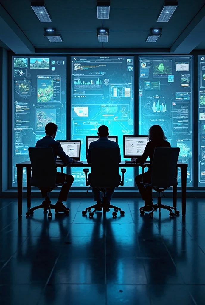 scenerio 1 : security team room and 3 people are facing the screens. Sitting on 3 different tables. scenerio 2;Also Add a meeting table behind the below picture, where there should be three chairs and a table and three people have put their laptops on it