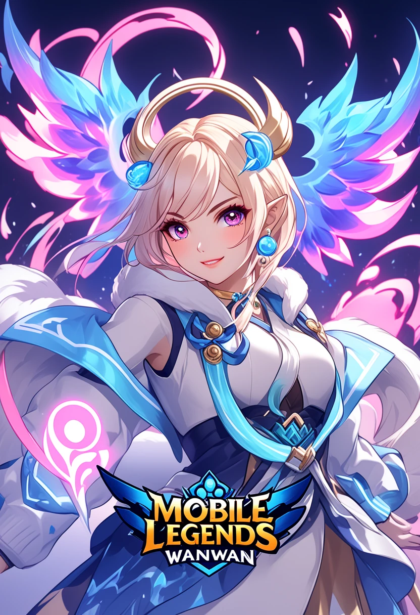Create an eSport logo inspired by Mobile Legends Bang, with the character Wan wan, at the bottom place in neon letters Wanwan Was Here
