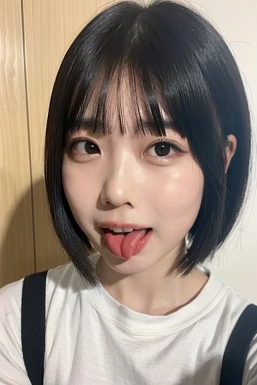 Sticking out pink wet tongue、Glossy red lip gloss