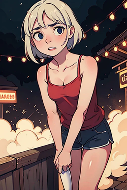 A girl with blue eyes and long blonde hair, she wears a wine button-down shirt, shows her navel, and has long dark pink skirts underneath.