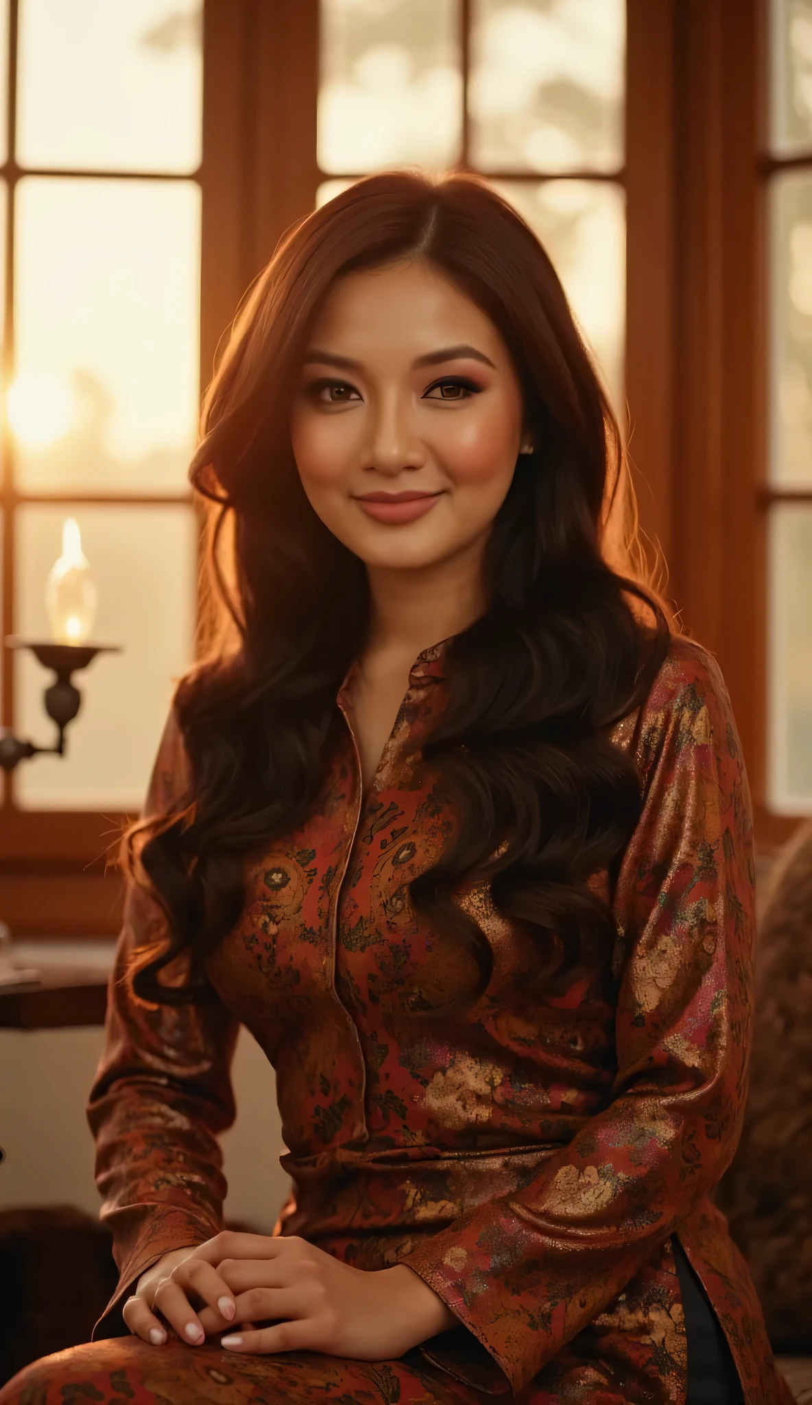 A breathtaking woman with a Wavy hair, wearing a Baju Kurung With Batik Design posing elegantly inside a softly lit traditional Malay house. The warm glow of sunset filters through wooden window panels, casting a golden hue on her flawless skin. She is seated gracefully on a cushioned bench, her posture relaxed yet confident. Her expressive eyes and soft smile create an alluring presence as she gazes into the camera. The background is blurred, with the silhouette of a pelita (oil lamp) flickering, adding to the cozy, intimate Hari Raya atmosphere. Ultra-detailed facial features, dreamy lighting, photorealistic, high-resolution 8K, cinematic close-up composition.