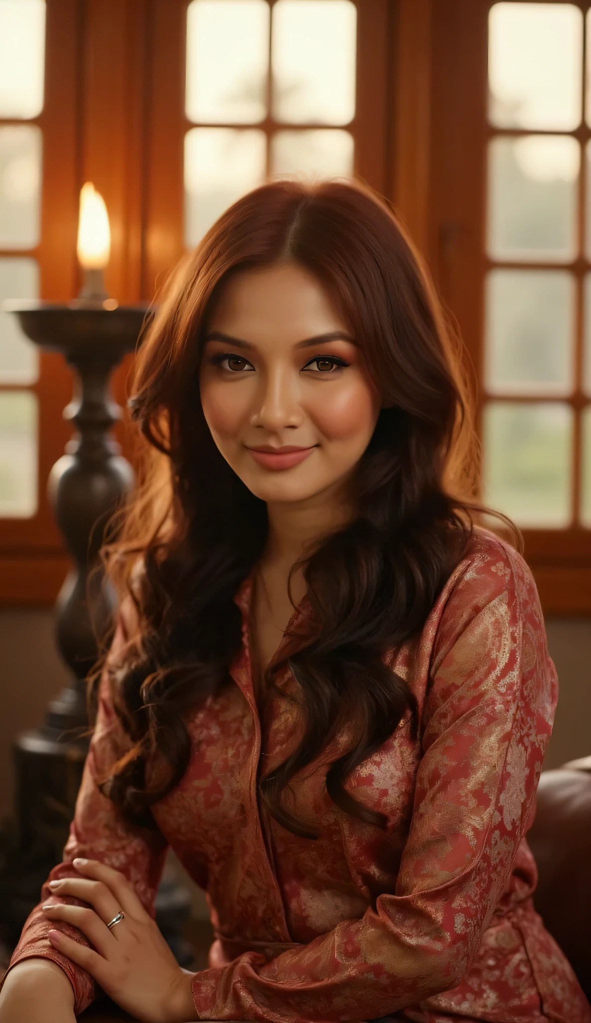 A breathtaking woman with a Wavy hair, wearing a Baju Kurung With Batik Design posing elegantly inside a softly lit traditional Malay house. The warm glow of sunset filters through wooden window panels, casting a golden hue on her flawless skin. She is seated gracefully on a cushioned bench, her posture relaxed yet confident. Her expressive eyes and soft smile create an alluring presence as she gazes into the camera. The background is blurred, with the silhouette of a pelita (oil lamp) flickering, adding to the cozy, intimate Hari Raya atmosphere. Ultra-detailed facial features, dreamy lighting, photorealistic, high-resolution 8K, cinematic close-up composition.