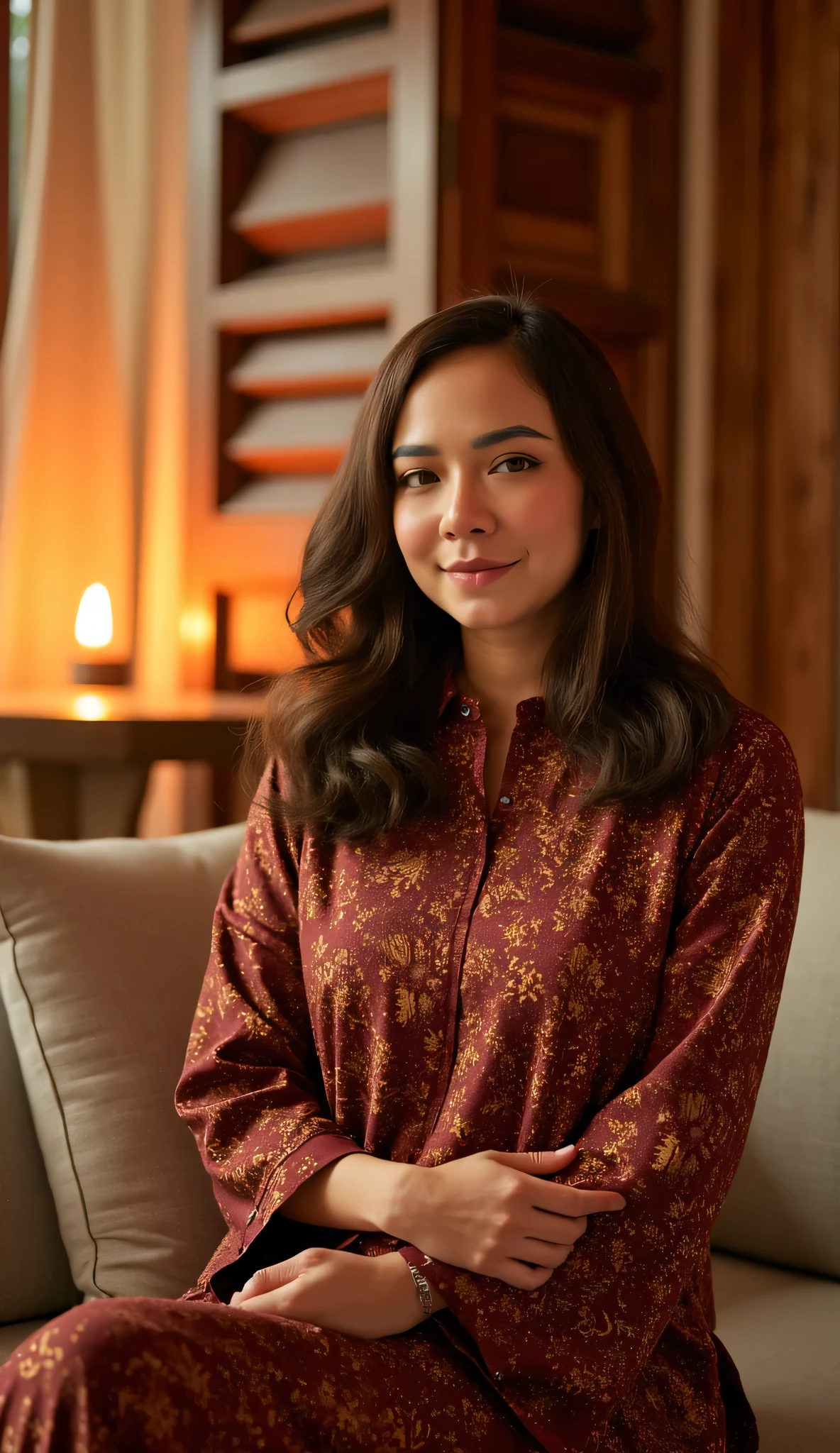 A breathtaking woman with a Wavy hair, wearing a Baju Kurung With Batik Design posing elegantly inside a softly lit traditional Malay house. The warm glow of sunset filters through wooden window panels, casting a golden hue on her flawless skin. She is seated gracefully on a cushioned bench, her posture relaxed yet confident. Her expressive eyes and soft smile create an alluring presence as she gazes into the camera. The background is blurred, with the silhouette of a pelita (oil lamp) flickering, adding to the cozy, intimate Hari Raya atmosphere. Ultra-detailed facial features, dreamy lighting, photorealistic, high-resolution 8K, cinematic close-up composition.