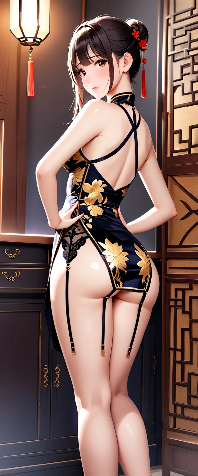 nsfw,High resolution, adult woman , good lighting, despicable, , (No nudity), (((China dress))), (()), ((())), (garter belt), abdomen only, (), , cute face, I'I'm embarrassed and blushing, humiliating, ((look back)), ((See-through))()(T-back)(A large amount of material is attached to the body,)