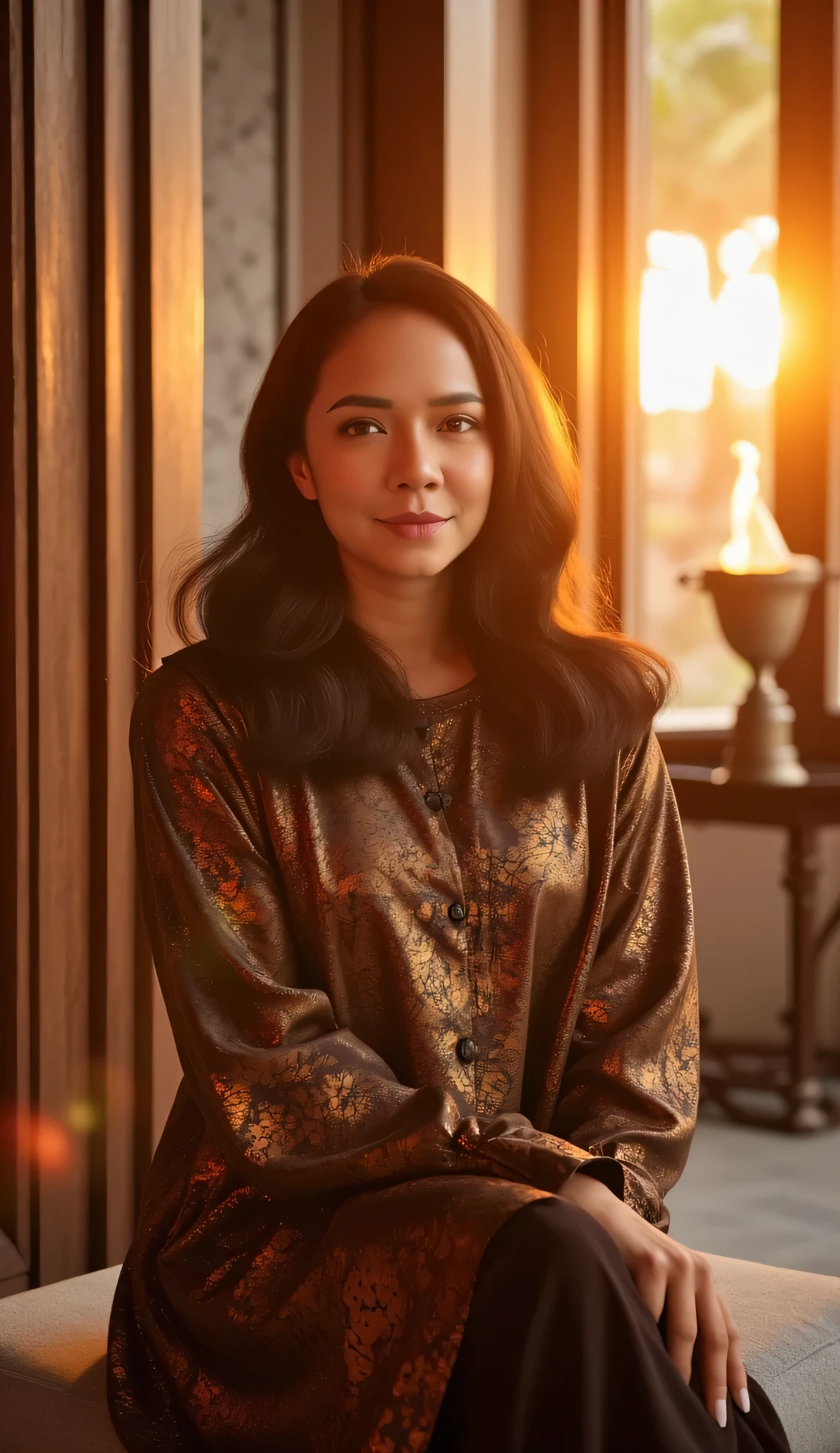 A breathtaking woman with a Wavy hair, wearing a Baju Kurung With Batik Design posing elegantly inside a softly lit traditional Malay house. The warm glow of sunset filters through wooden window panels, casting a golden hue on her flawless skin. She is seated gracefully on a cushioned bench, her posture relaxed yet confident. Her expressive eyes and soft smile create an alluring presence as she gazes into the camera. The background is blurred, with the silhouette of a pelita (oil lamp) flickering, adding to the cozy, intimate Hari Raya atmosphere. Ultra-detailed facial features, dreamy lighting, photorealistic, high-resolution 8K, cinematic close-up composition.