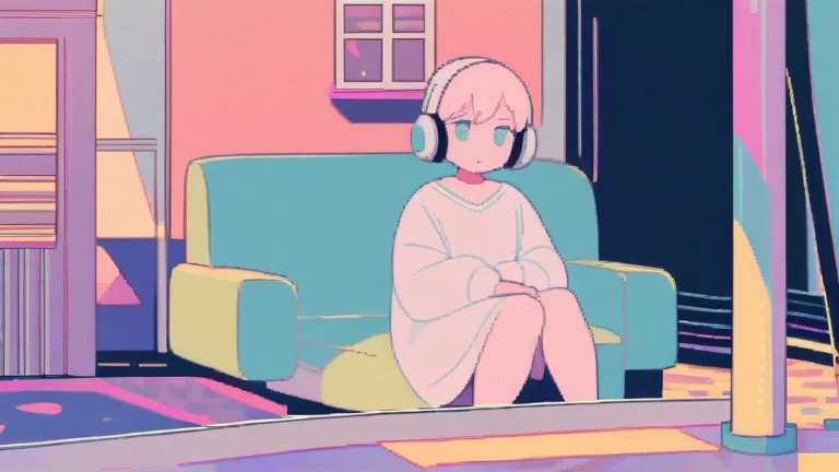 Girl listening to music, cgsociety 9, Chill Hop, Alena Aenami and Artgerm, Makoto Shinkai and Artgelm, The Lo-Fi Girl Aesthetic, Anime Scenery, makoto shinkai and (Cain Kuga), Lo-fi aesthetic, Anime scenery, Anime Nature, Relaxing, Anime Wallpaper ,Inside the room ,There is a piano. ,evening ,