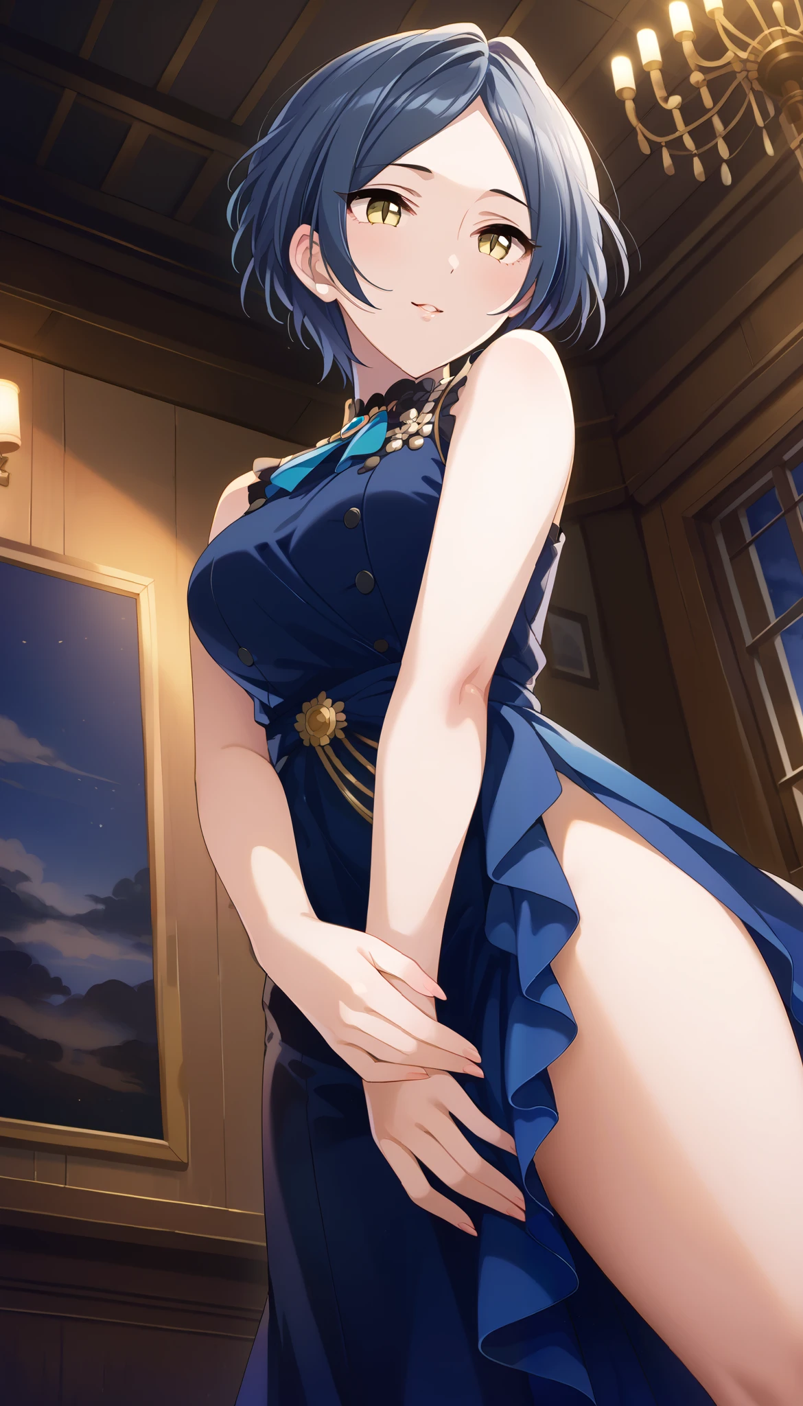 Hayami kanade/Hayami kanade、navy blue sleeveless dress、neck slit、low angle、room、Ulchan-6500-v1.1, ( RAW photos :1.2), beautiful detailed, very detailed目 美しい目, beautiful eyes、yellow eyes、 file size is large, high resolution, very detailed, best quality, [masterpiece:1.6], Awareness-raising, very detailed, CG, finely, best quality, 8K wallpaper, perfect figure、Dynamic、very detailed、blue hair、short hair、cover、Thin thighs、Bare legs