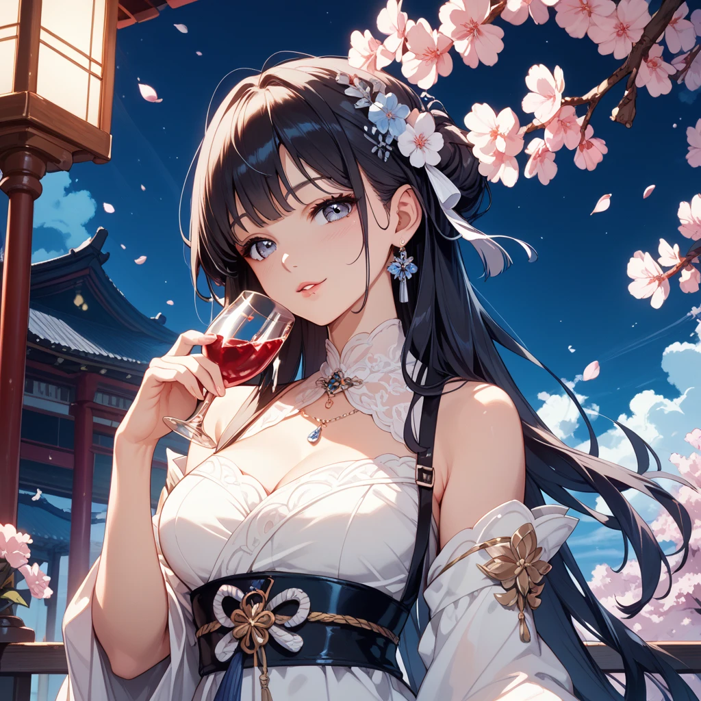 absurdres, RAW photo, extremely delicate and beautiful, masterpiece, Best Quality, ultra high resolution, 32k, hyperrealistic, ultra-detailed, delicate facial features, beautiful detailed woman, tearful mole, earring, medium breasts, full body shot, medium hair, black hair, wavy hair, (shrine maiden),
