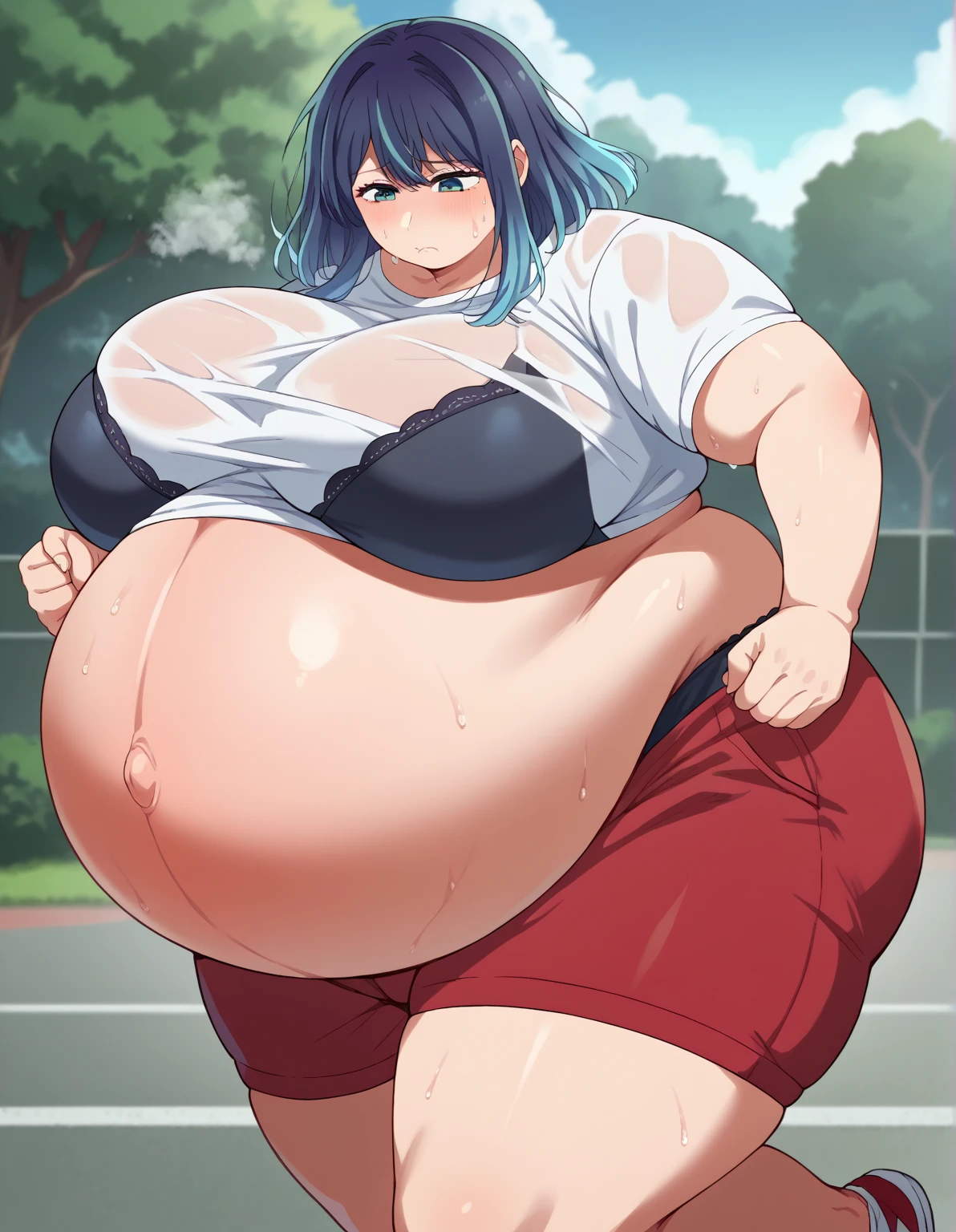 saori joumae, blue eyes, blue hair, halo, long hair, massive breasts, wide hips, outdoors, lake, upper body, torn clothes, massive hips,bare arms, bare shoulders, belt, black headwear, black pants, black shirt, blue gloves, crop top, gloves, leggings, midriff, navel, pants, shirt, sleeveless, sleeveless shirt, wet, sweaty, tired, obese