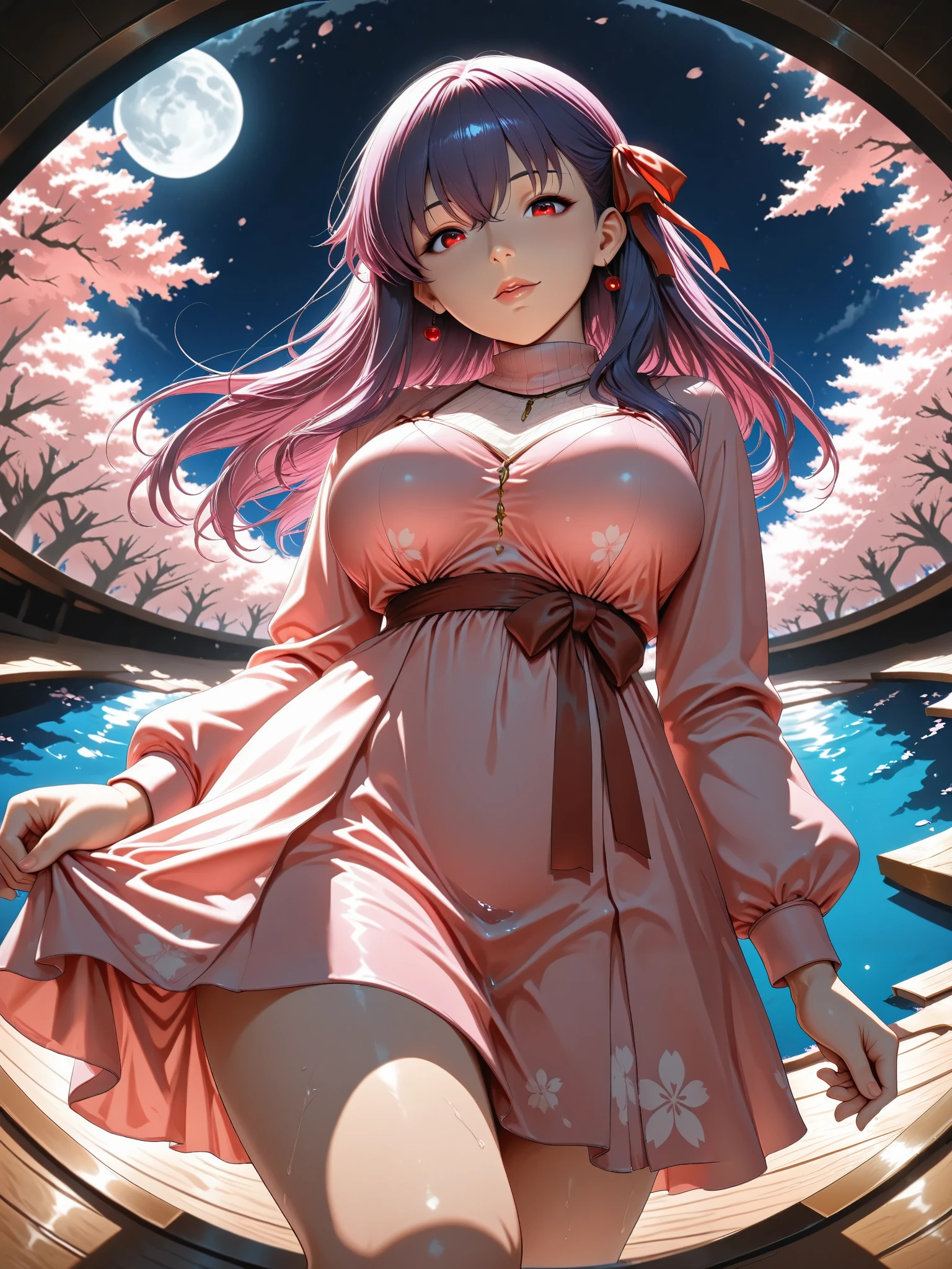 ((Best Quality)),( super high definition),(Super detailed),( detailed description ),((The best CG)),(masterpiece), source_anime,
Sakura _Matou, long hair, red eyes, purple hair, hair ribbon, red clear eyes, iris,dark persona, corrup tion,realistic,Cherry blossoms falling、Reflections on the surface of the water
dress, pink dress, turtleneck, striped, long sleeves,
outdoors, moon, night, night sky, (she hold a bow and aim at a viewer)
looking at viewer, dutch angle, cowboy shot, (The floor is covered with water and reflects the cherry blossom scenery at night),(Fantastic Scenery:1.5),(the floor is covered with water:1.4), (fisheye angle from below:1.5),