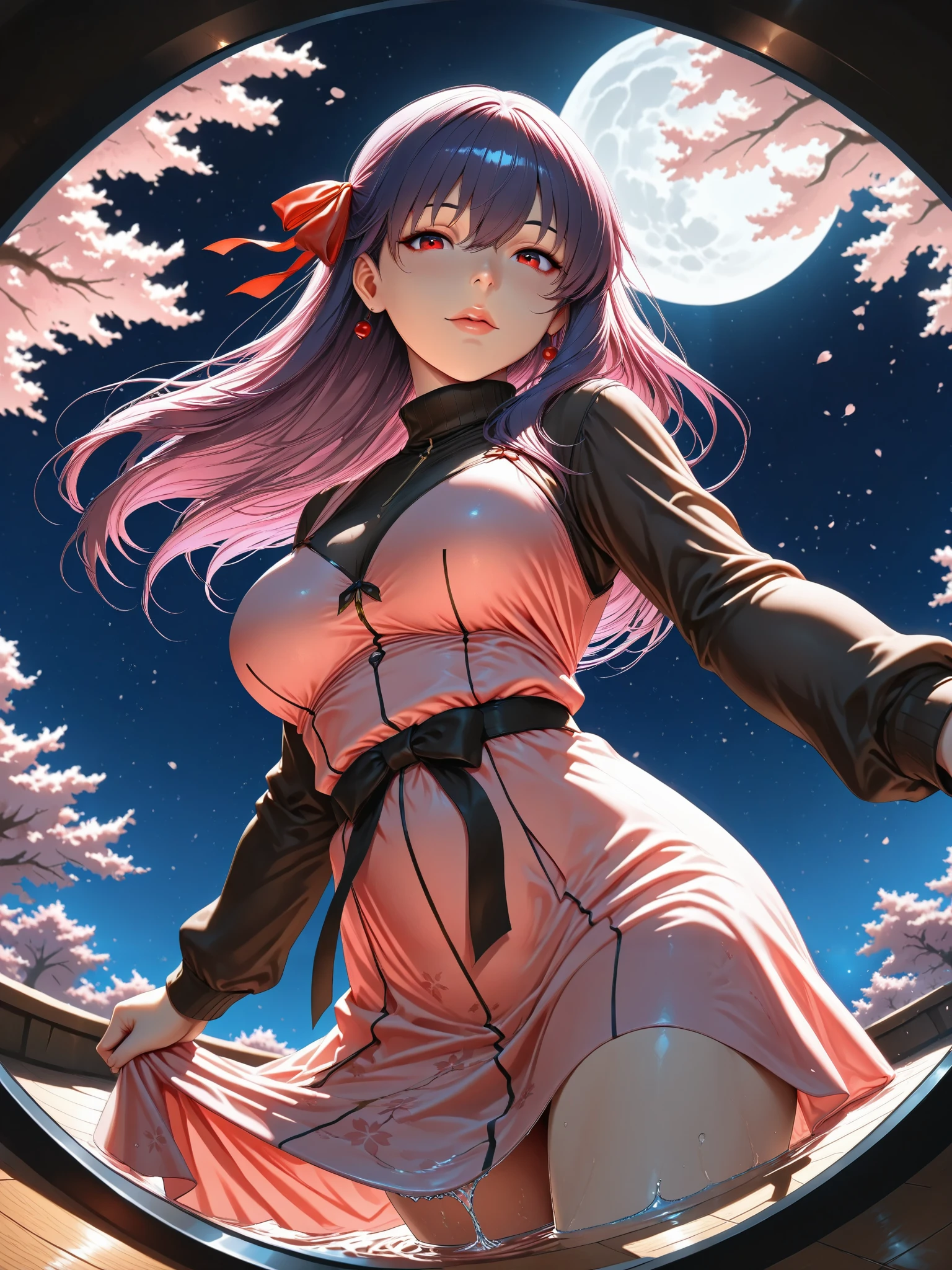 ((Best Quality)),( super high definition),(Super detailed),( detailed description ),((The best CG)),(masterpiece), source_anime,
Sakura _Matou, long hair, red eyes, purple hair, hair ribbon, red clear eyes, iris,dark persona, corrup tion,realistic,Cherry blossoms falling、Reflections on the surface of the water
dress, pink dress, turtleneck, striped, long sleeves,
outdoors, moon, night, night sky, (she hold a bow and aim at a viewer)
looking at viewer, dutch angle, cowboy shot, (The floor is covered with water and reflects the cherry blossom scenery at night),(Fantastic Scenery:1.5),(the floor is covered with water:1.4), (fisheye angle from below:1.5),