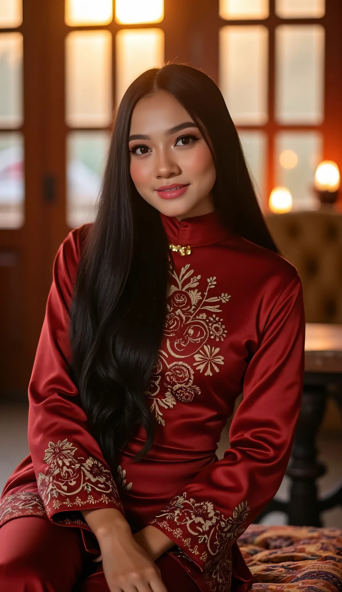 A breathtaking woman with a long wavy hair without any headwear, wearing a Baju Kurung With Batik Design posing elegantly inside a softly lit traditional Malay house. The warm glow of sunset filters through wooden window panels, casting a golden hue on her flawless skin. She is seated gracefully on a cushioned bench, her posture relaxed yet confident. Her expressive eyes and soft smile create an alluring presence as she gazes into the camera. The background is blurred, with the silhouette of a pelita (oil lamp) flickering, adding to the cozy, intimate Hari Raya atmosphere. Ultra-detailed facial features, dreamy lighting, photorealistic, high-resolution 8K, cinematic close-up composition.