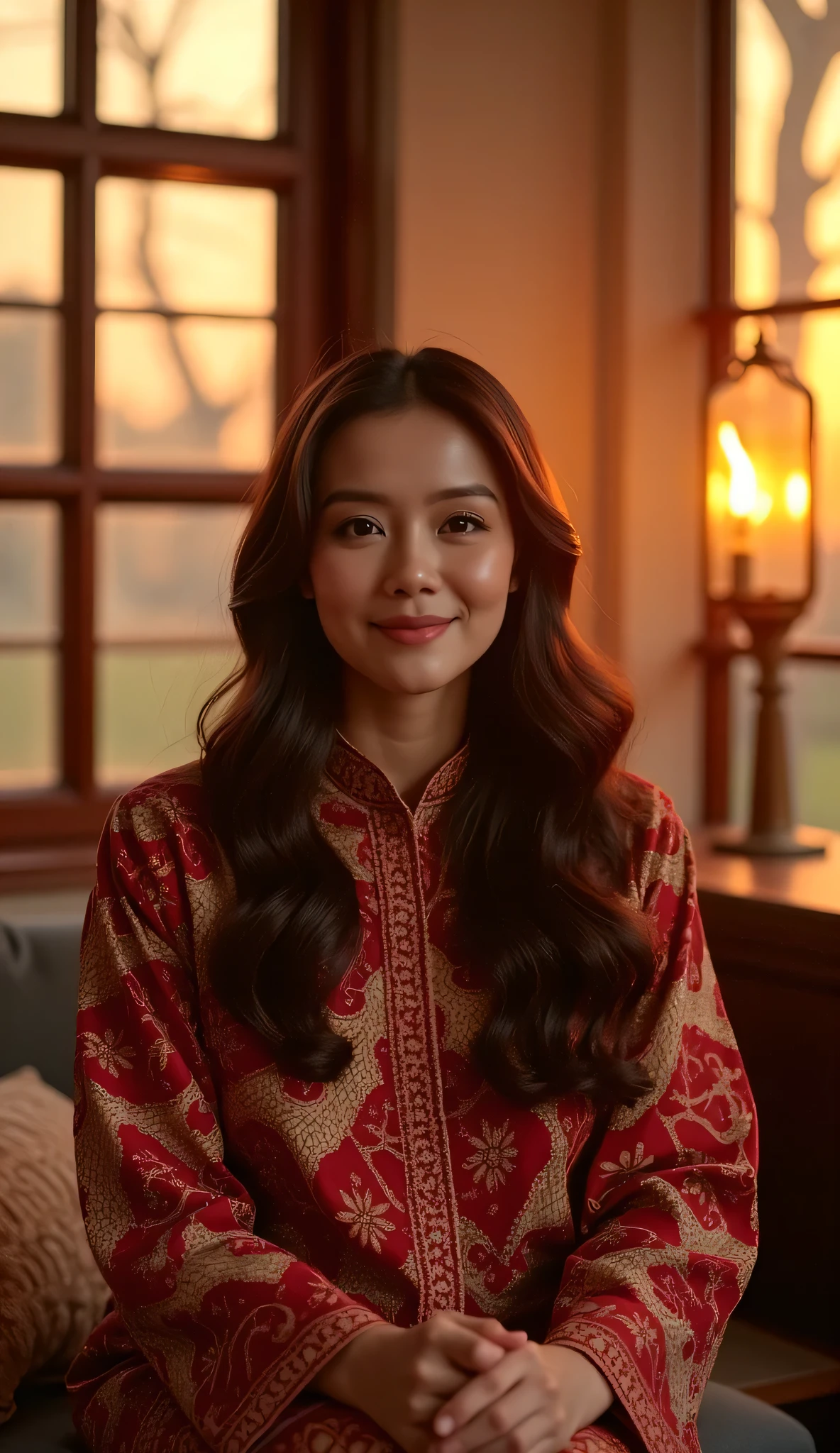 A breathtaking woman with a long wavy hair without any headwear, wearing a Baju Kurung With Batik Design posing elegantly inside a softly lit traditional Malay house. The warm glow of sunset filters through wooden window panels, casting a golden hue on her flawless skin. She is seated gracefully on a cushioned bench, her posture relaxed yet confident. Her expressive eyes and soft smile create an alluring presence as she gazes into the camera. The background is blurred, with the silhouette of a pelita (oil lamp) flickering, adding to the cozy, intimate Hari Raya atmosphere. Ultra-detailed facial features, dreamy lighting, photorealistic, high-resolution 8K, cinematic close-up composition.