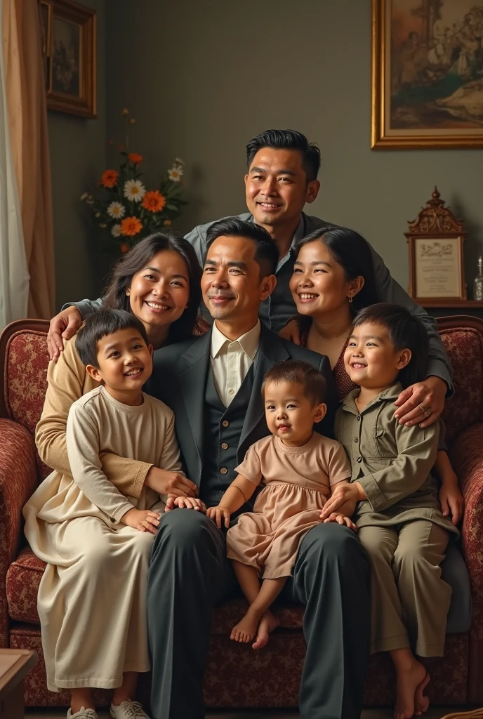 There was a man and a woman sitting on a sofa with a baby.., Color photosเก่าgraph, Color photos, Color photosเก่า, old picture, a Color photos, Mom and Dad, Color photos, Color photos, Recover photos, Color photosวินเทจ, old picture, old style photo, an indonesian family portrait, old photos, realistic old picture, very old picture, Color photos
