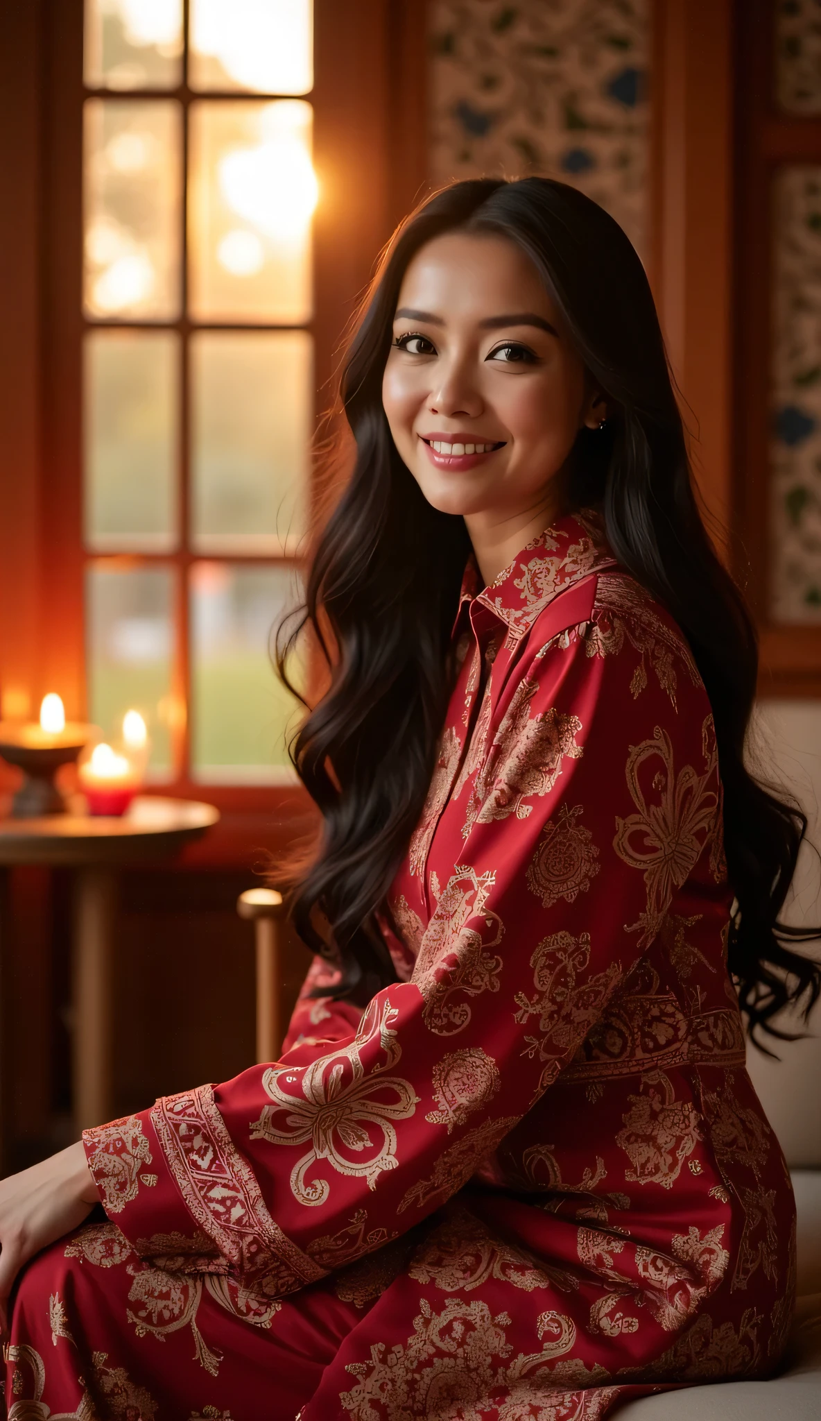 A breathtaking woman with a long wavy hair without any headwear, wearing a Baju Kurung With Batik Design posing elegantly inside a softly lit traditional Malay house. The warm glow of sunset filters through wooden window panels, casting a golden hue on her flawless skin. She is seated gracefully on a cushioned bench, her posture relaxed yet confident. Her expressive eyes and soft smile create an alluring presence as she gazes into the camera. The background is blurred, with the silhouette of a pelita (oil lamp) flickering, adding to the cozy, intimate Hari Raya atmosphere. Ultra-detailed facial features, dreamy lighting, photorealistic, high-resolution 8K, cinematic close-up composition.