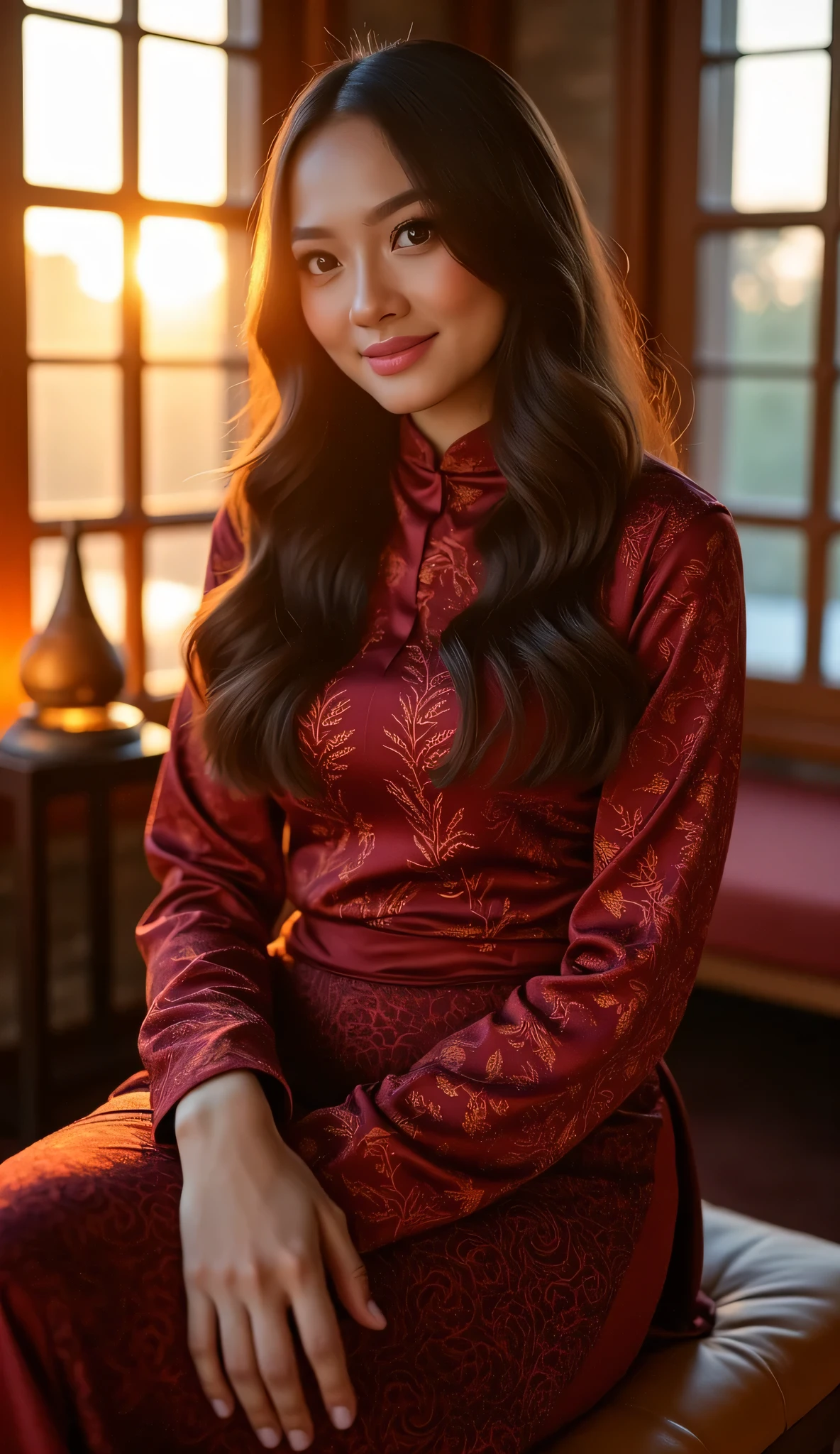 A breathtaking woman with a long wavy hair without any headwear, wearing a Baju Kurung With Batik Design posing elegantly inside a softly lit traditional Malay house. The warm glow of sunset filters through wooden window panels, casting a golden hue on her flawless skin. She is seated gracefully on a cushioned bench, her posture relaxed yet confident. Her expressive eyes and soft smile create an alluring presence as she gazes into the camera. The background is blurred, with the silhouette of a pelita (oil lamp) flickering, adding to the cozy, intimate Hari Raya atmosphere. Ultra-detailed facial features, dreamy lighting, photorealistic, high-resolution 8K, cinematic close-up composition.