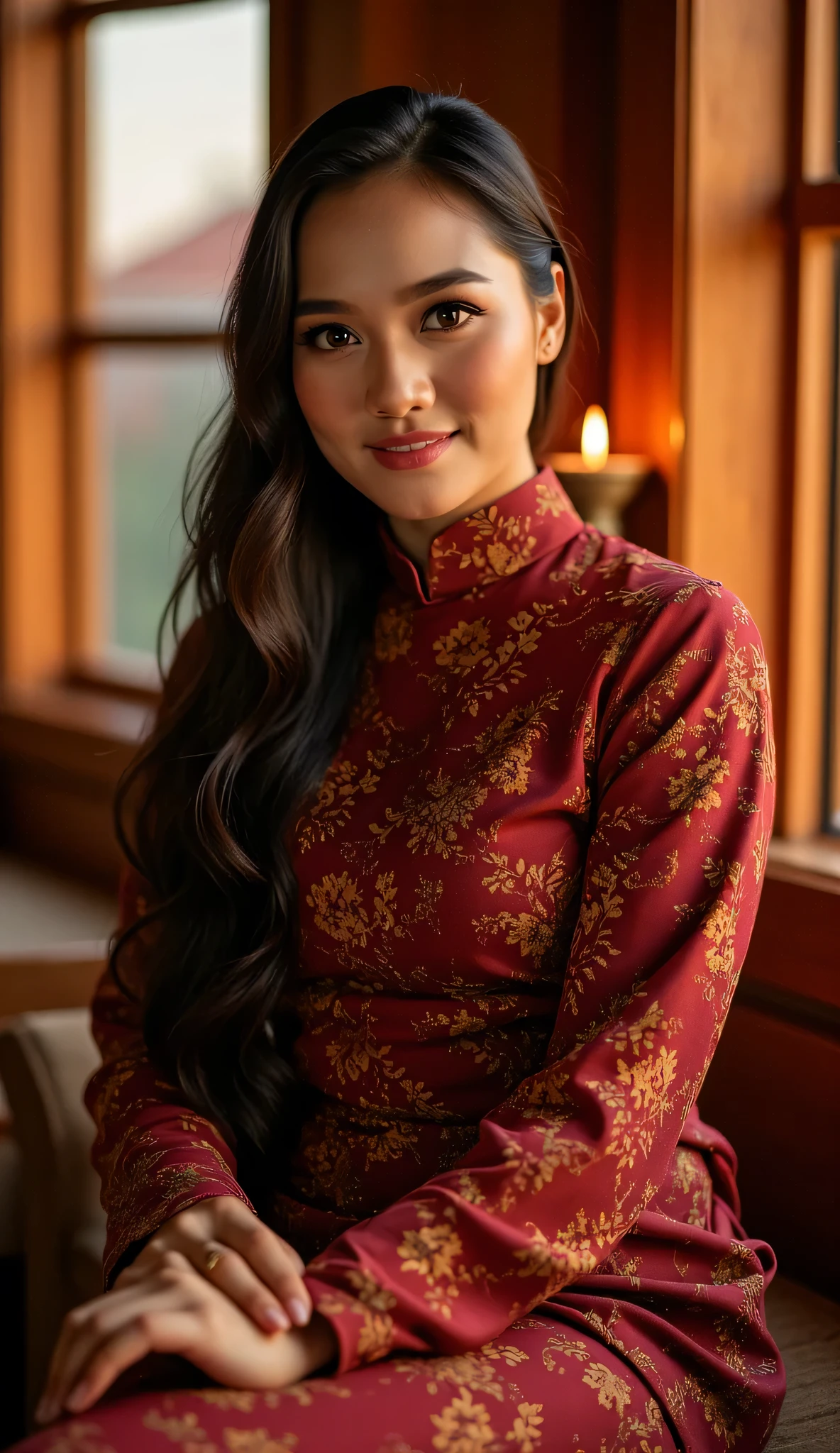 A breathtaking woman with a long wavy hair without any headwear, wearing a Baju Kurung With Batik Design posing elegantly inside a softly lit traditional Malay house. The warm glow of sunset filters through wooden window panels, casting a golden hue on her flawless skin. She is seated gracefully on a cushioned bench, her posture relaxed yet confident. Her expressive eyes and soft smile create an alluring presence as she gazes into the camera. The background is blurred, with the silhouette of a pelita (oil lamp) flickering, adding to the cozy, intimate Hari Raya atmosphere. Ultra-detailed facial features, dreamy lighting, photorealistic, high-resolution 8K, cinematic close-up composition.