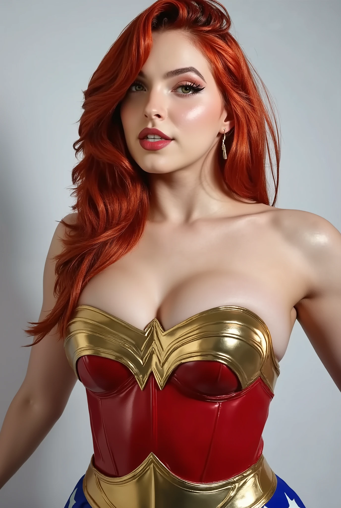 Sexy ((A Red hair , green eyes (classic 70 wonder woman outfit) () Wonder Woman) (flirting) (missbrisolo) (wears a biker jacket) long red hair portrait of her facing the camera with soft even lighting and bold, , looking right at the camera high quality, masterpiece, UHD (facing the camera) (front view) flat, even lighting realistic human face, real human face with skin, realistically rendered face, human face realistic, single realistic face, human realistic face, realistic person, extremely realistic face, realistic detailed face, ultra realistic face, face very realistic, realistic restored face, detailed realistic face, highly detailed realistic face character design sketch in various perspectives, rear, front, 3 /4, profile