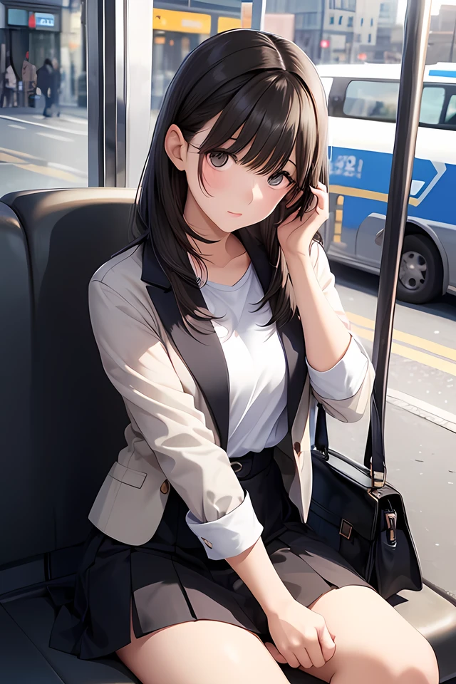 Masterpiece, Best quality, Realistic, 1人, a mature female, Sexy and charming girl, 25 years old,  Just woke up, Extremely detailed face, ((dark gray eyes)), ((Right sweep long dark brown hair)), [Slender eyebrows], Detective, International city, white  shirt，blackstockings,Small suit， Cinematic lighting, Answering the phone, Postural dynamics,eyes looking at viewer，Sit in front of the car