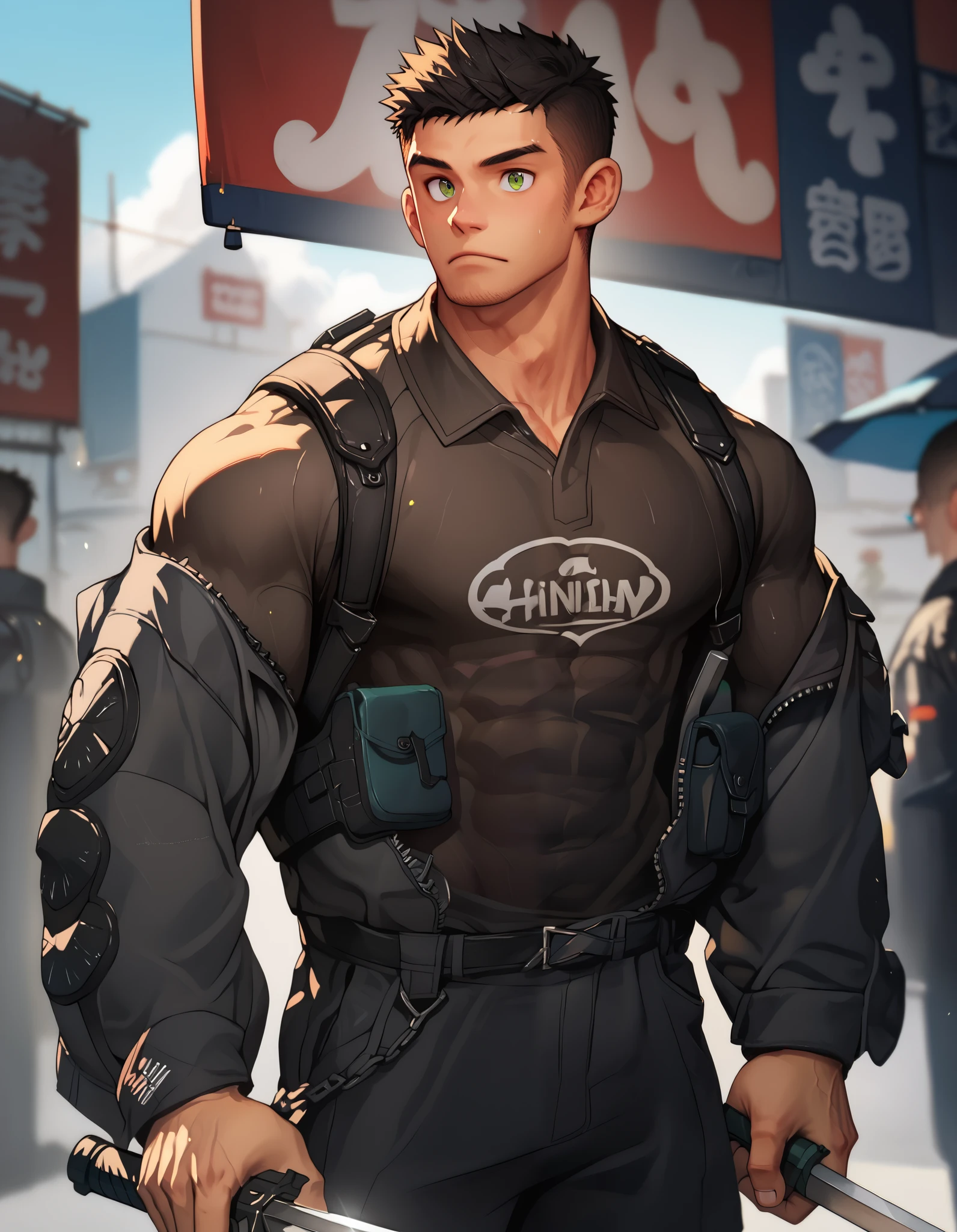 skor_9, skor_8_up, skor_7_up, solo, handsome, male, muscle, manly, muscular man, age 20 , short hair, black hair, crew cut, green eyes, big chest, gray kimono, pattern, tactical vest, holding gun, holding swords, looking at viewers, pet black panther